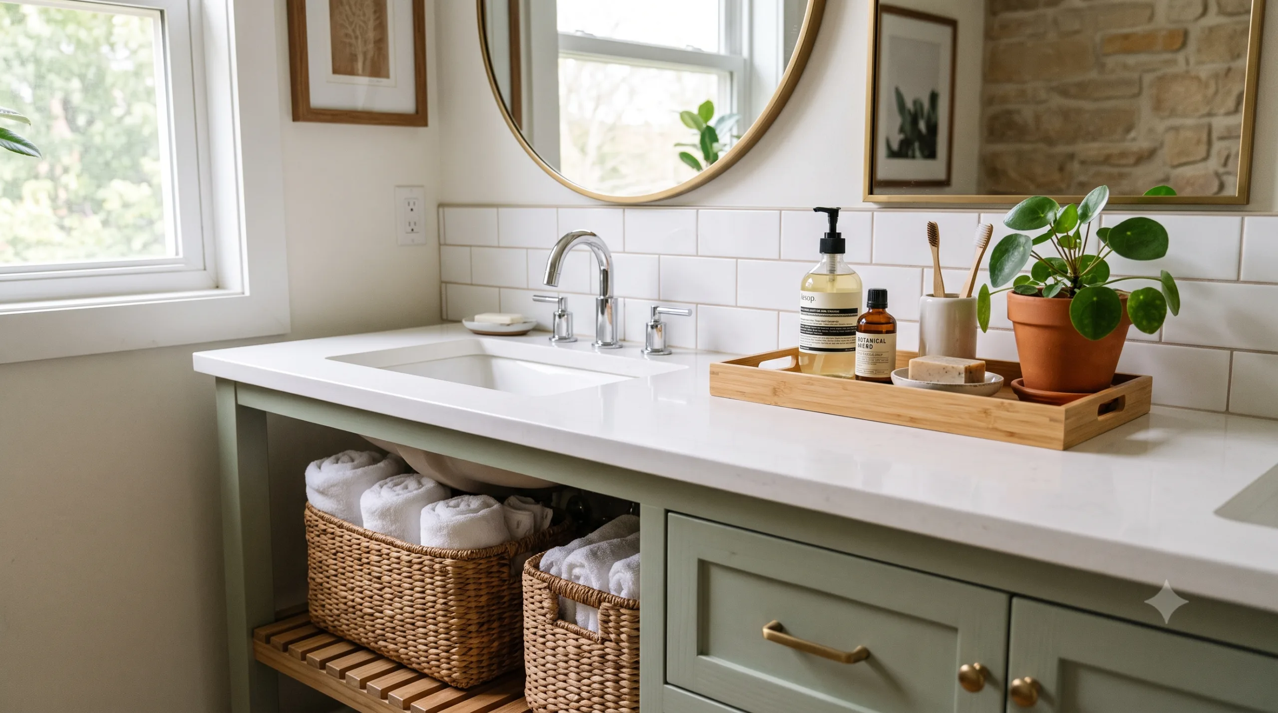 Como organizar o banheiro pequeno: 10 dicas que realmente funcionam Pia do banheiro com bandeja organizadora e vaso de planta na bancada, abaixo cestos organizadores de vime com toalhas