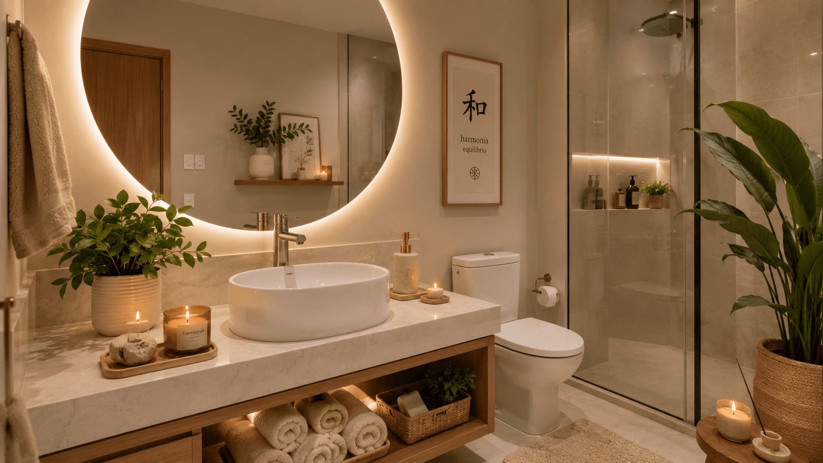 Banheiro com planta, vela aromática e espelho bem posicionado seguindo princípios do feng shui