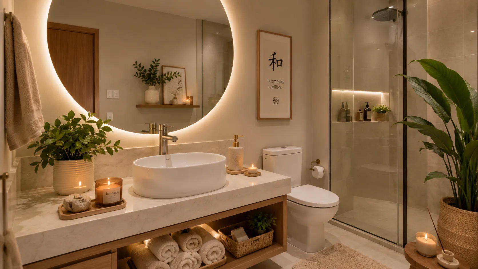 Como organizar o banheiro pequeno: 10 dicas que realmente funcionam Banheiro com planta, vela aromática e espelho bem posicionado seguindo princípios do feng shui