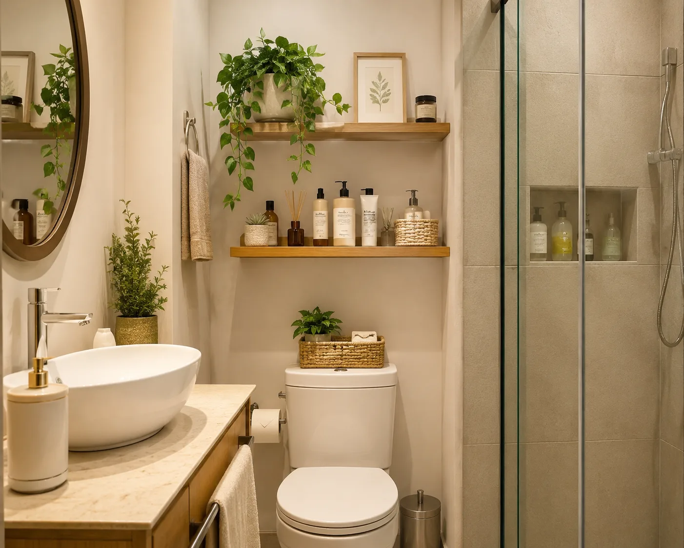 Como organizar o banheiro pequeno: 10 dicas que realmente funcionam Banheiro pequeno organizado com prateleira na parede, planta decorativa e produtos de higiene bem arrumados