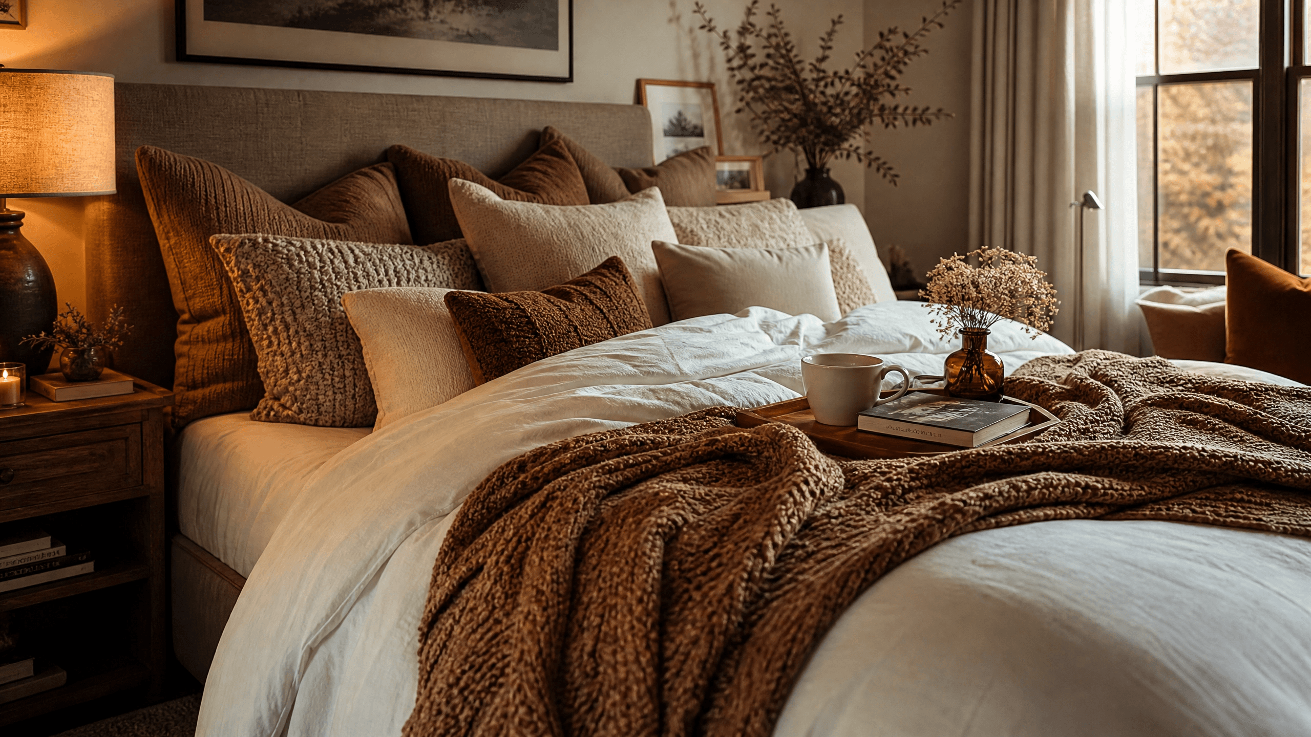 Cama montada com edredom e cobertor aconchegantes no inverno