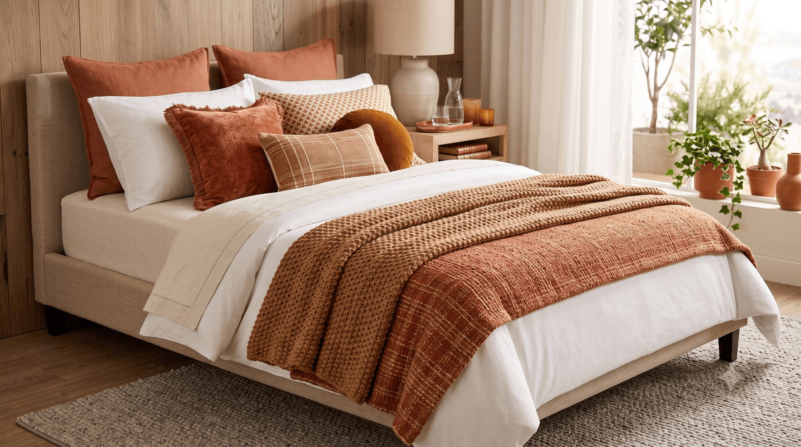 cama posta estilo aconchegante hygge com camadas de texturas e tons terrosos