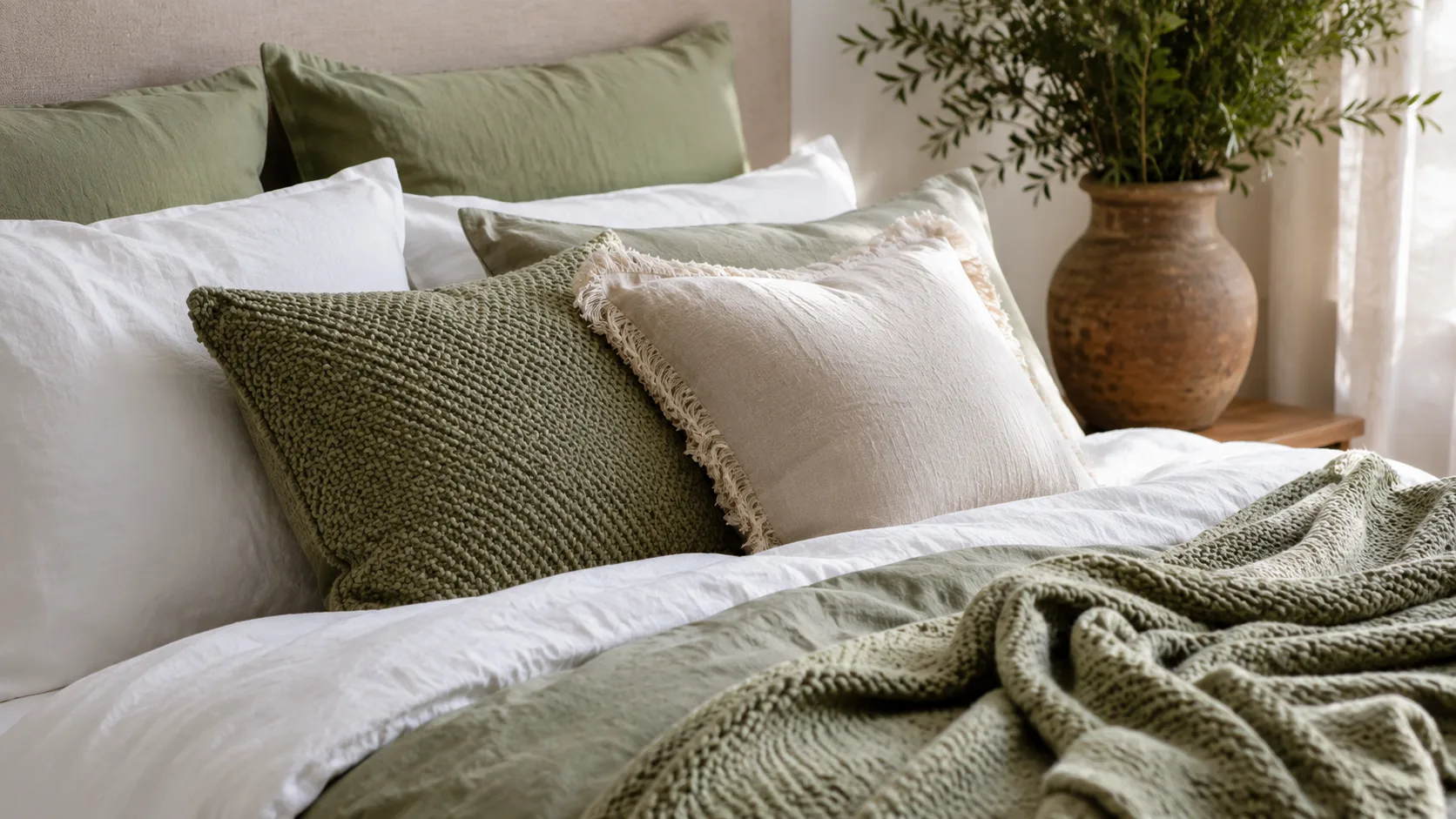 Quarto Santuário: Como Criar um Espaço de Descanso de Verdade Cama posta com roupa de cama em linho, almofadas em diferentes texturas e manta de tricô