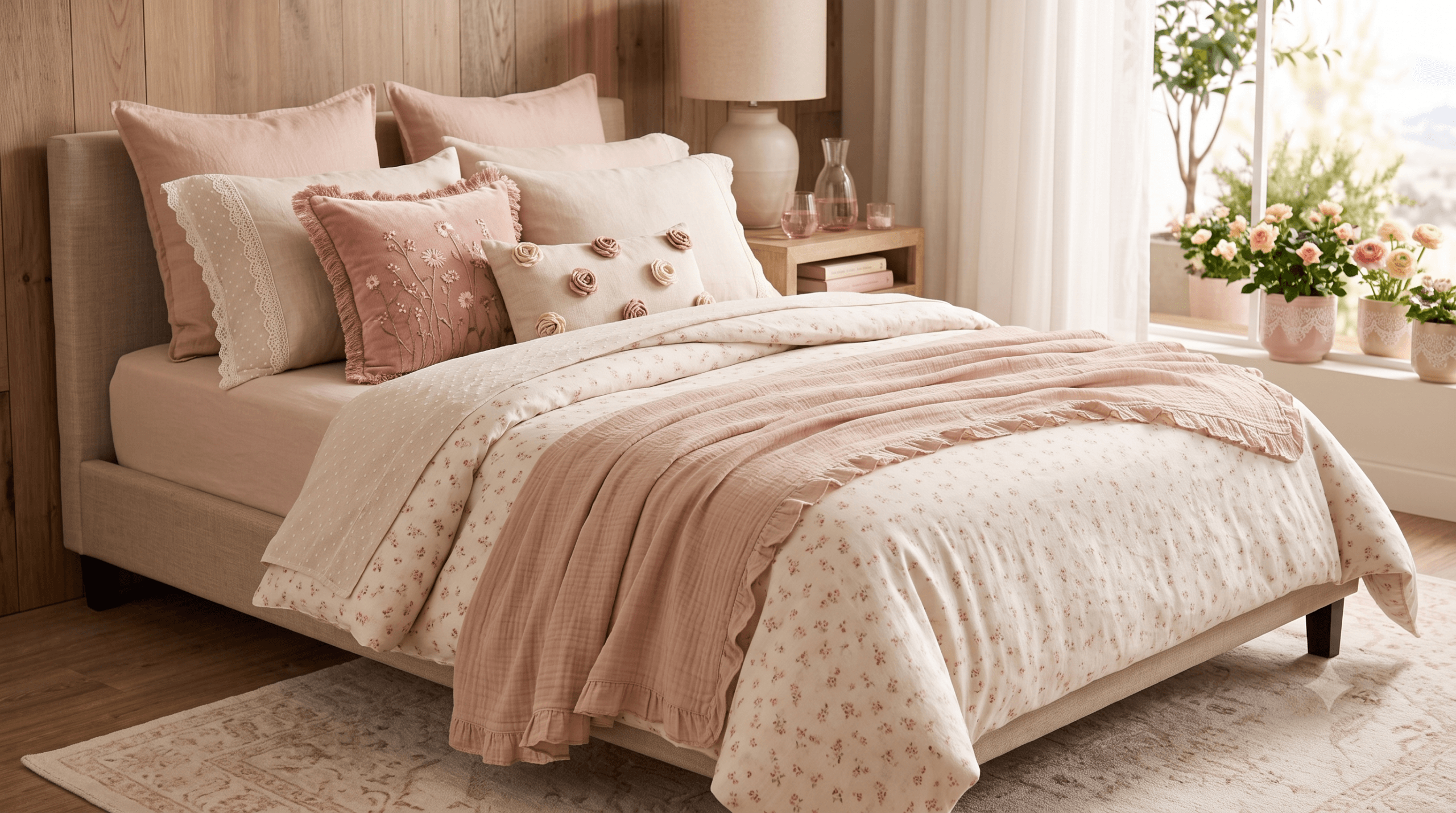 cama posta em tons rosados e delicados, estilo feminino e romântico