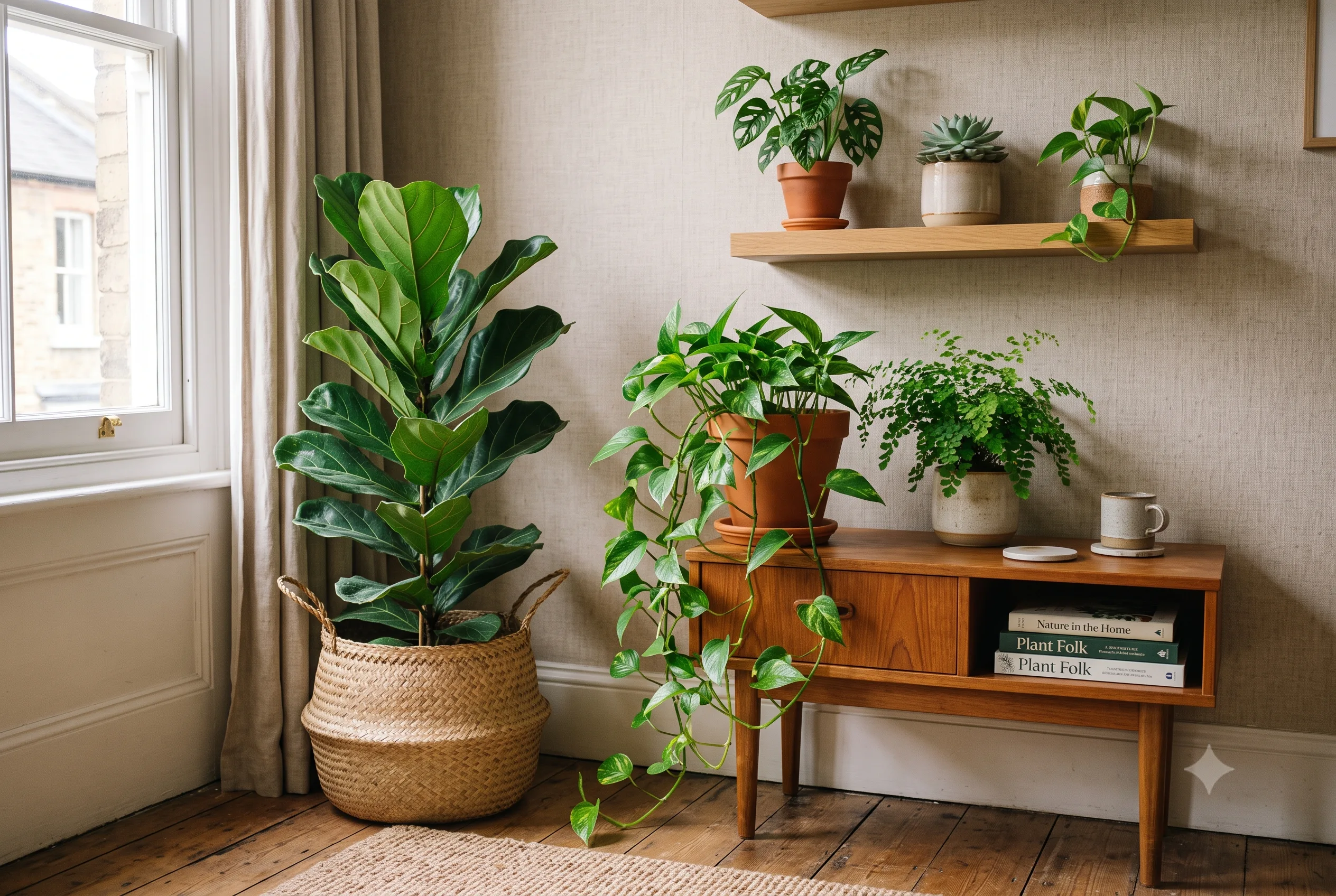 Plantas para Dentro de Casa: Guia Completo por Cômodo, Feng Shui e Benefícios Terapêuticos cantinho de sala com jiboia, fícus e avenca em diferentes alturas
