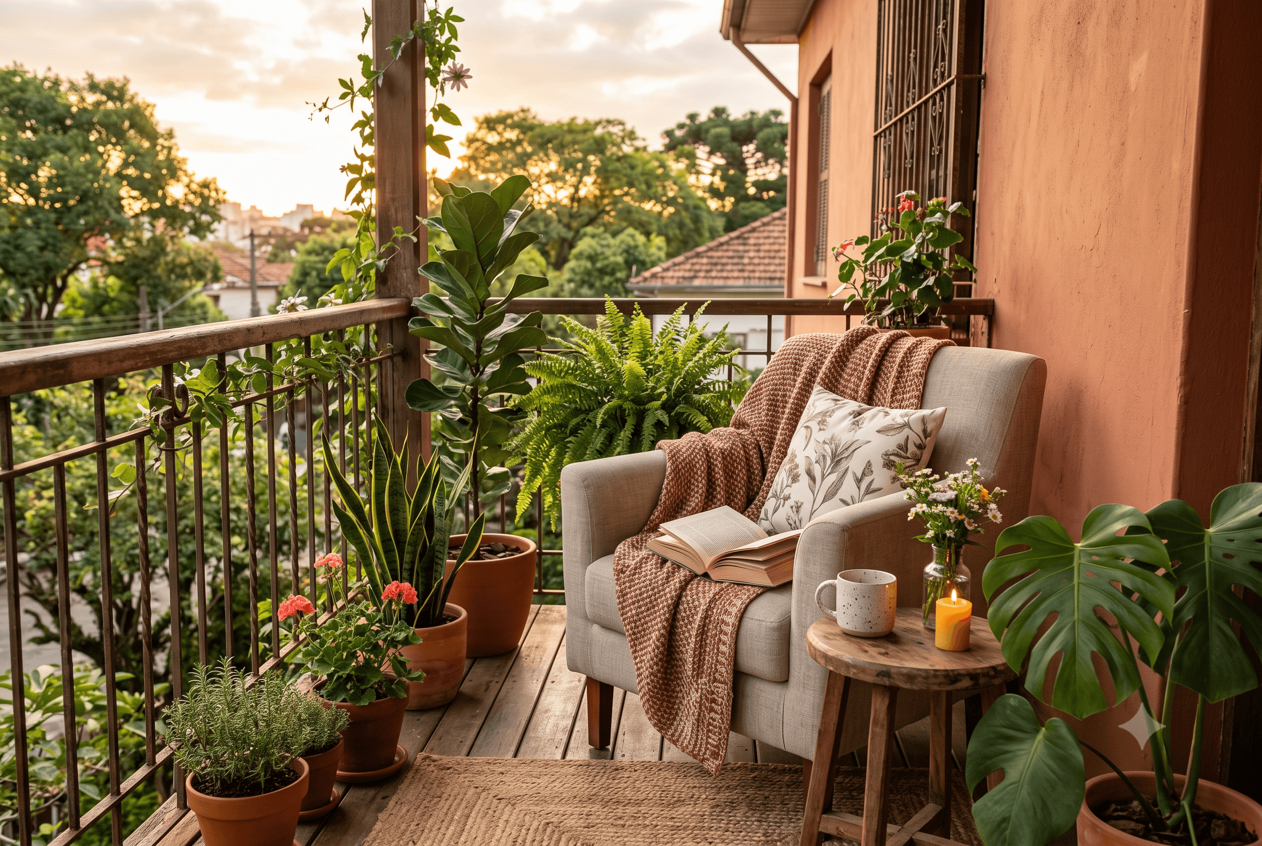 cantinho de leitura na varanda com plantas e luz natural