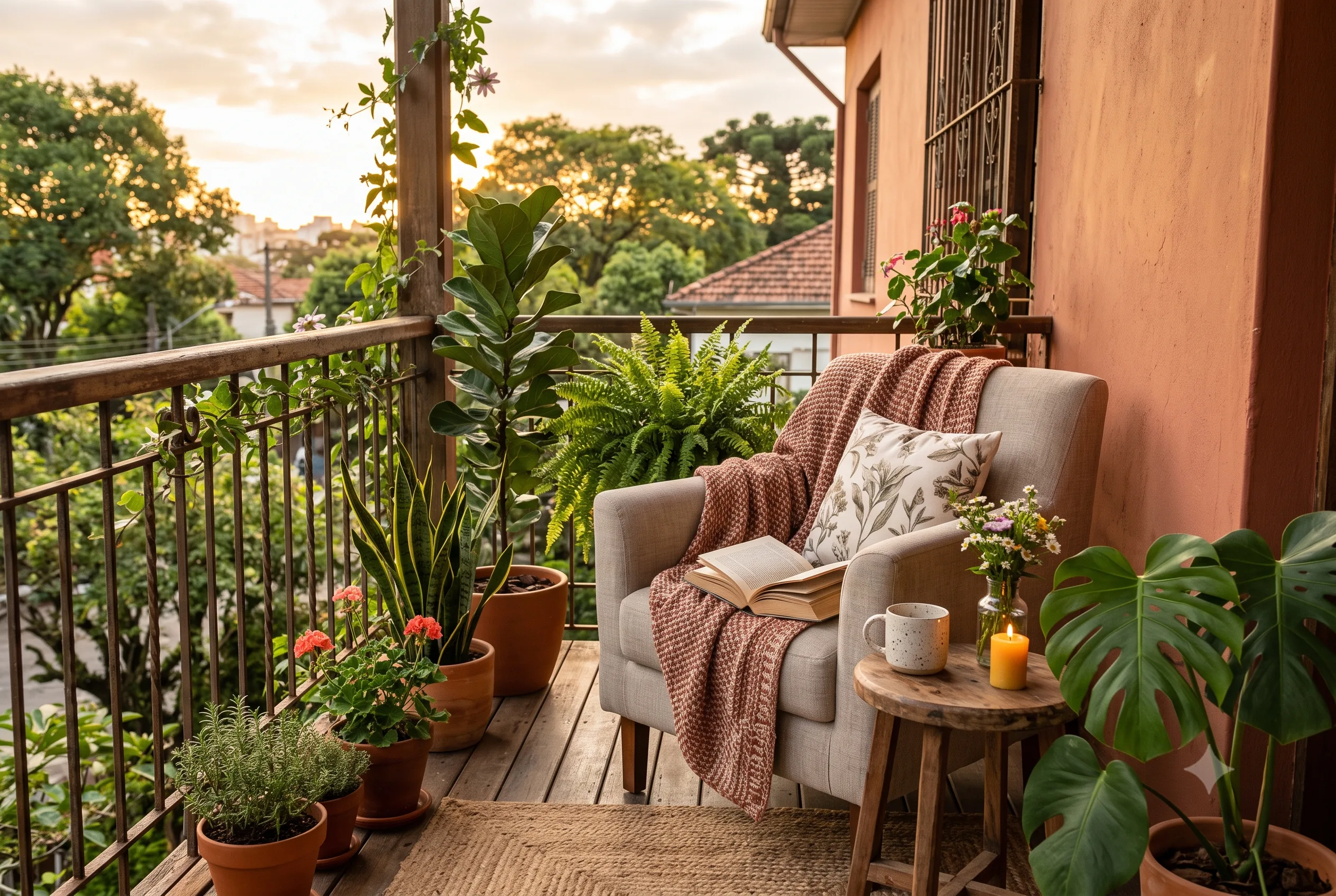 cantinho de leitura na varanda com plantas e luz natural