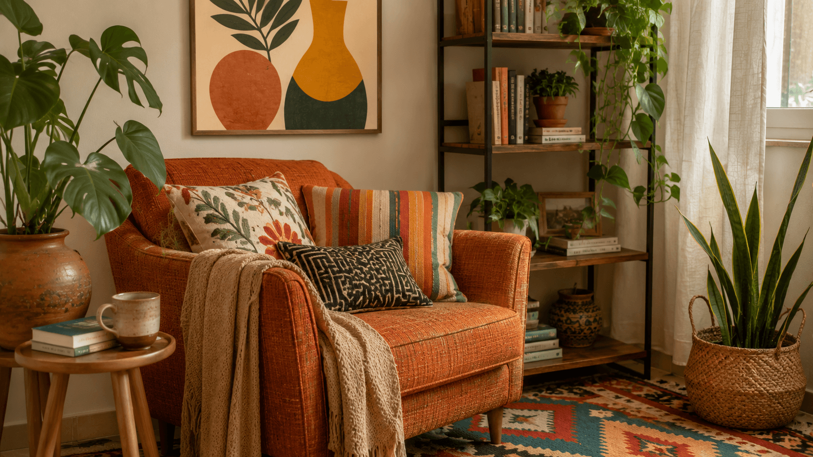 Canto de leitura vibrante com almofadas estampadas e tapete colorido — dopamine decor