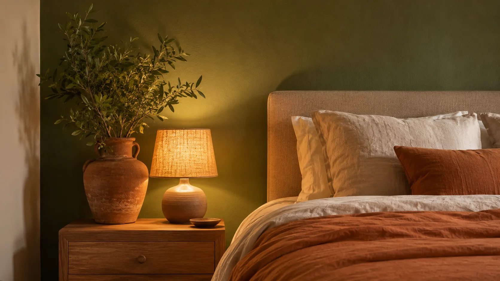 Quarto Santuário: Como Criar um Espaço de Descanso de Verdade Canto de quarto aconchegante com parede em verde musgo e elementos em terracota