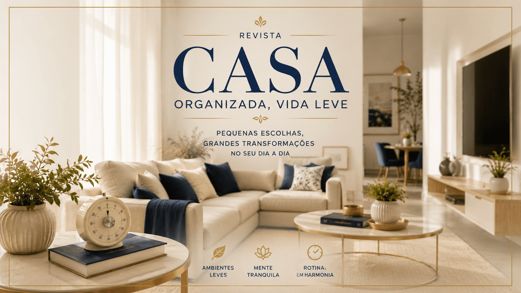 Capa estilo revista com sala de estar organizada, temporizador em destaque e frase Casa Organizada Vida Leve