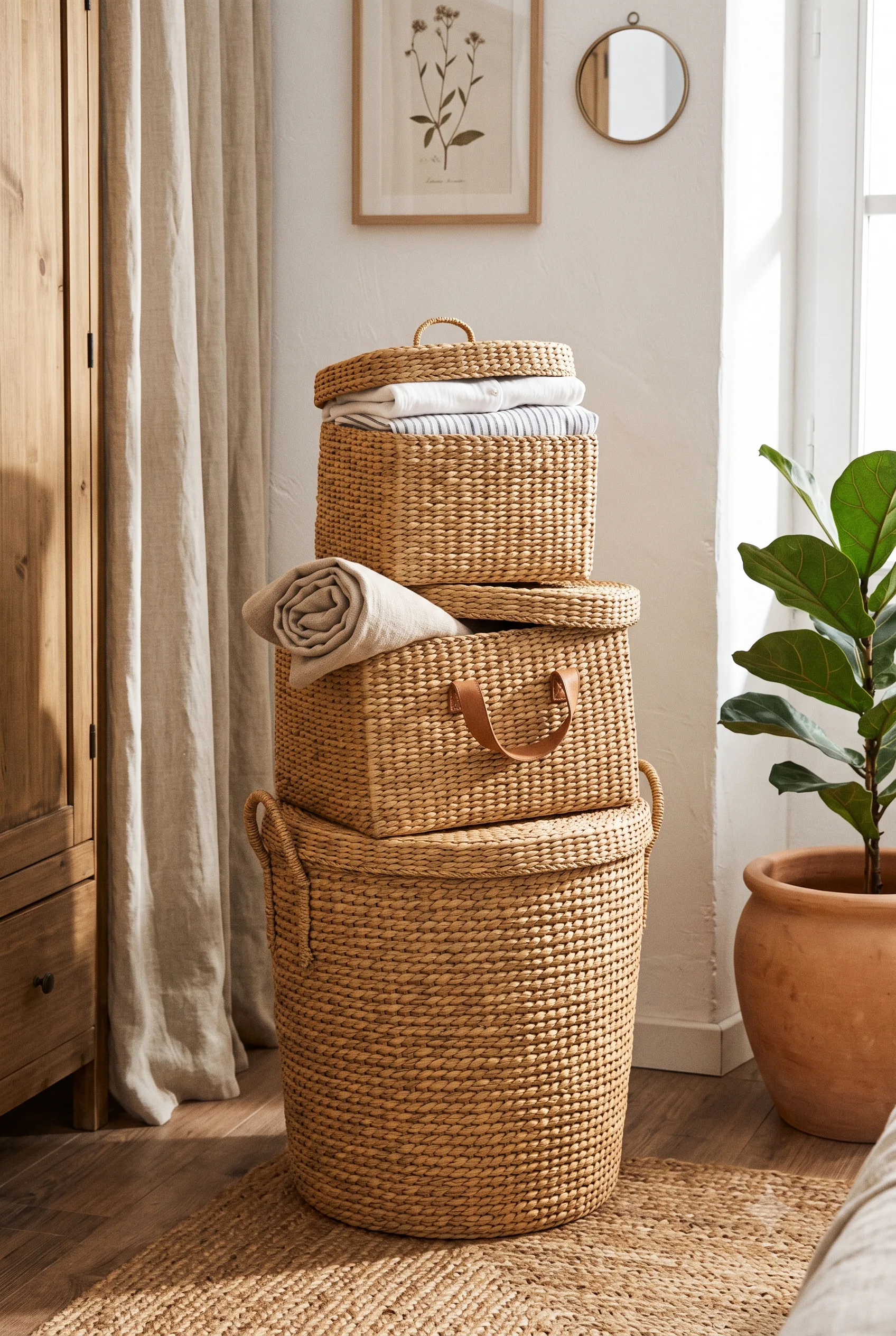 Como organizar o quarto pequeno: 15 ideias práticas e bonitas Conjunto de 3 cestos organizadores para roupas em palha natural
