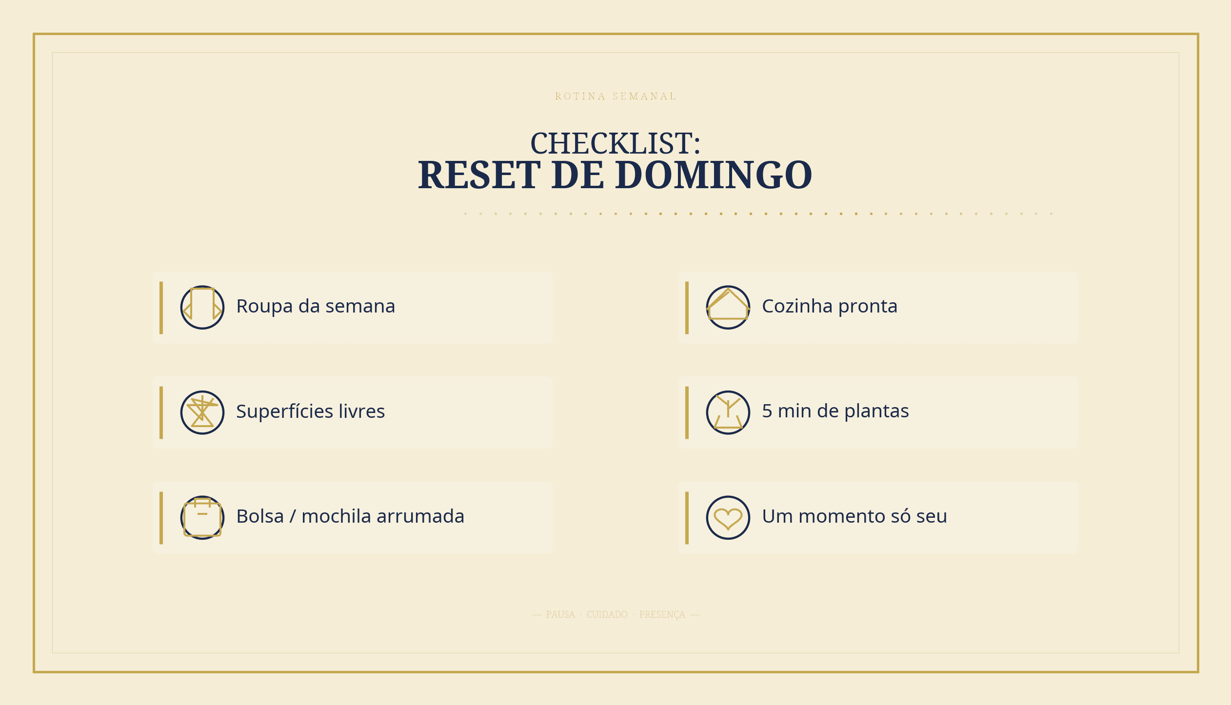 Checklist ilustrado do reset de domingo com 6 itens