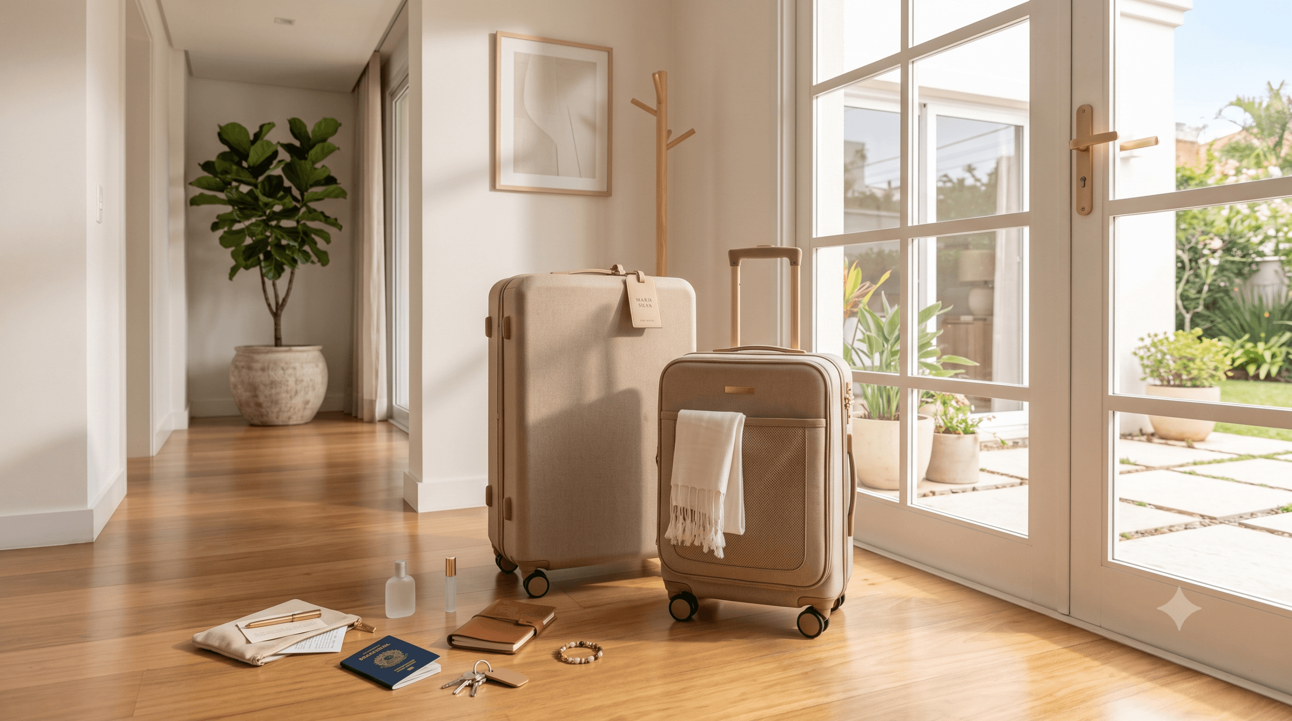 Mala pronta ao lado da porta com passaporte e itens essenciais