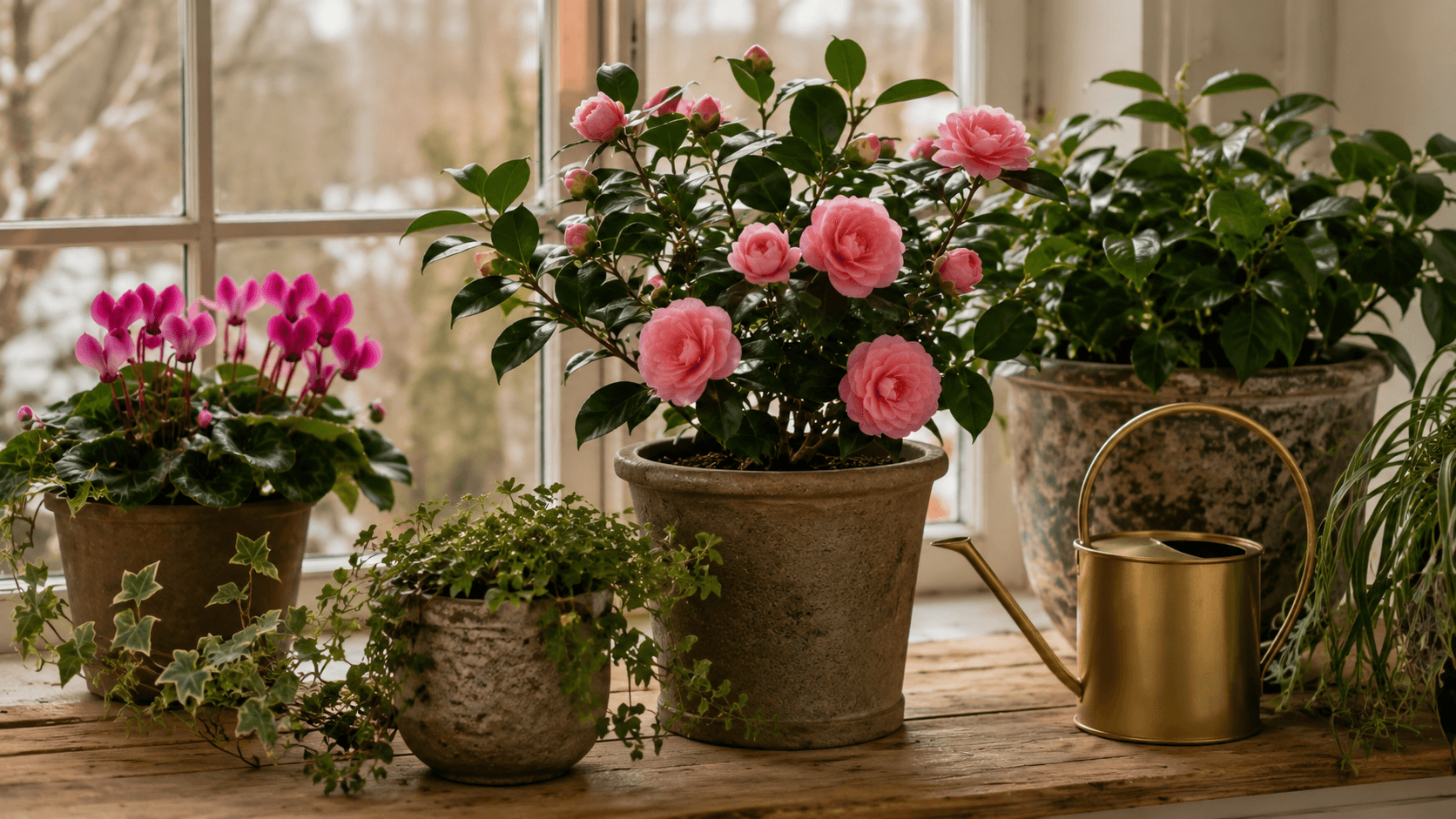 Composição de plantas em vasos texturizados de tons neutros formando um jardim de inverno