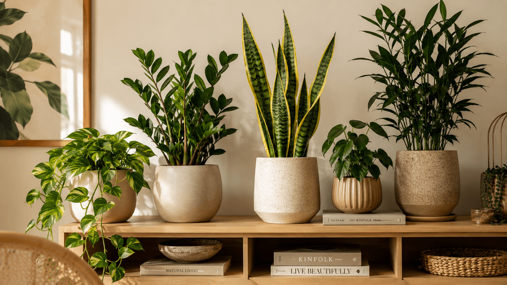 composição de plantas em vasos de cerâmica de diferentes alturas sobre estante de madeira
