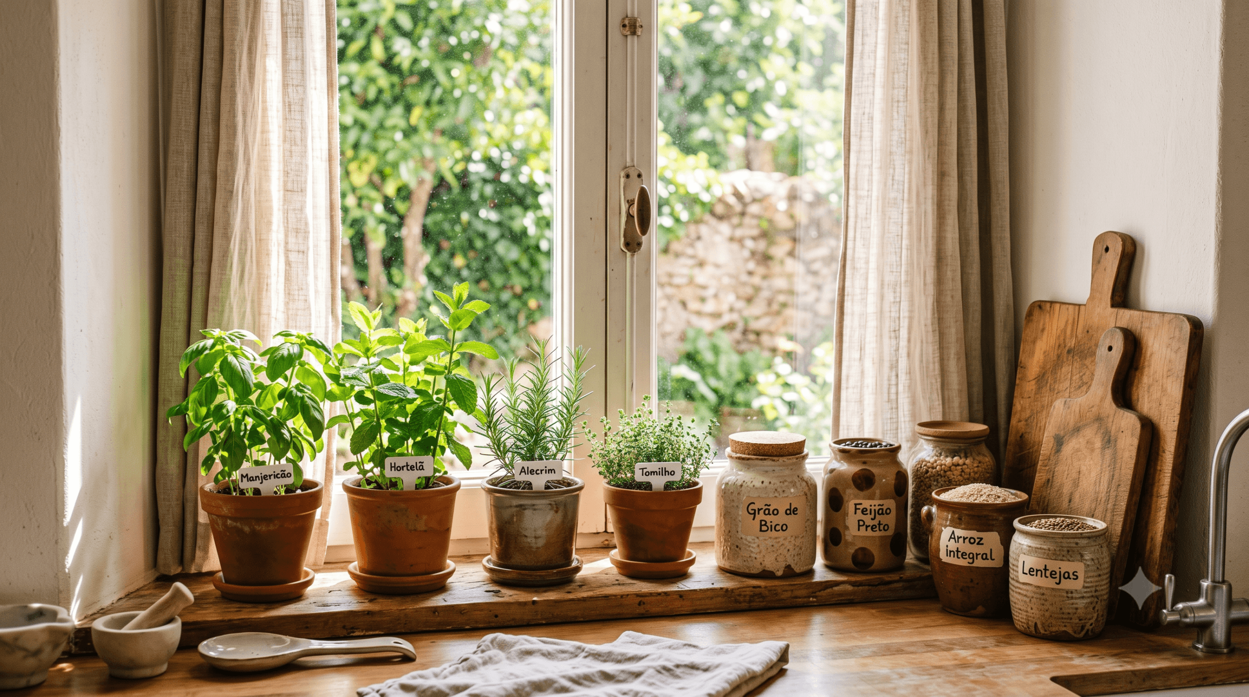cozinha com pequena horta de ervas em vasos de cerâmica na janela