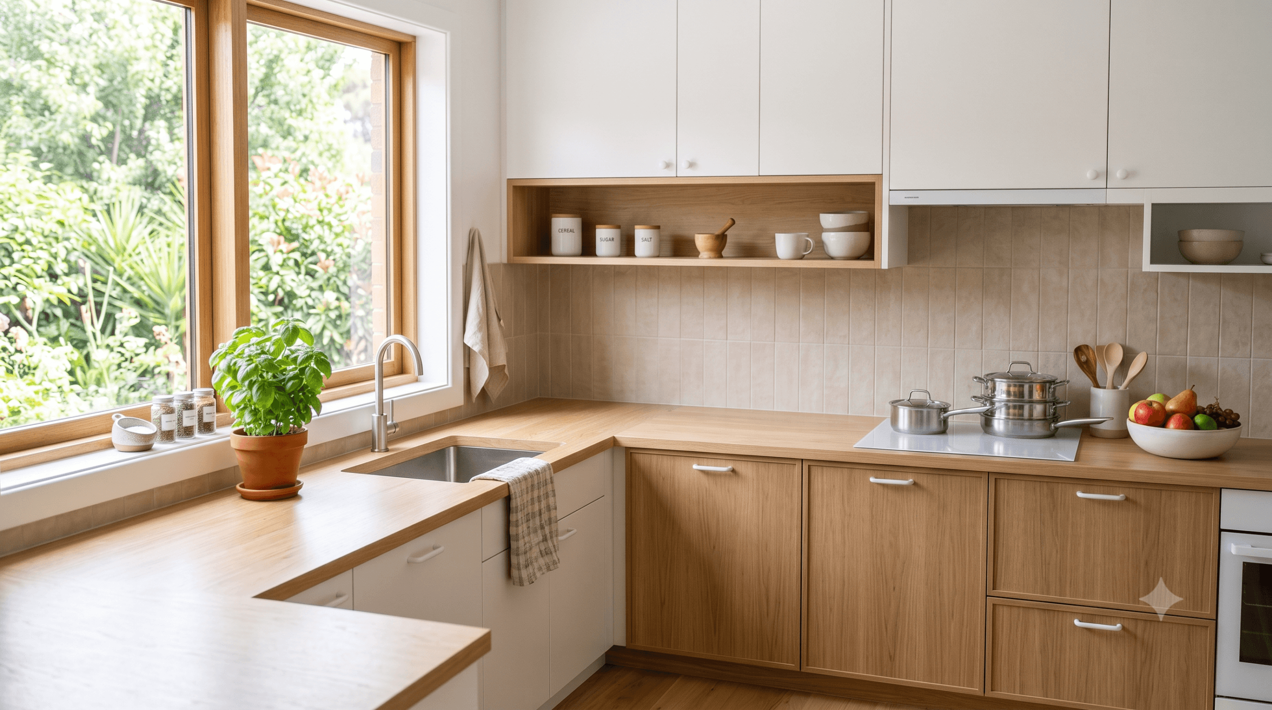 cozinha pequena clara e organizada com energia positiva e feng shui