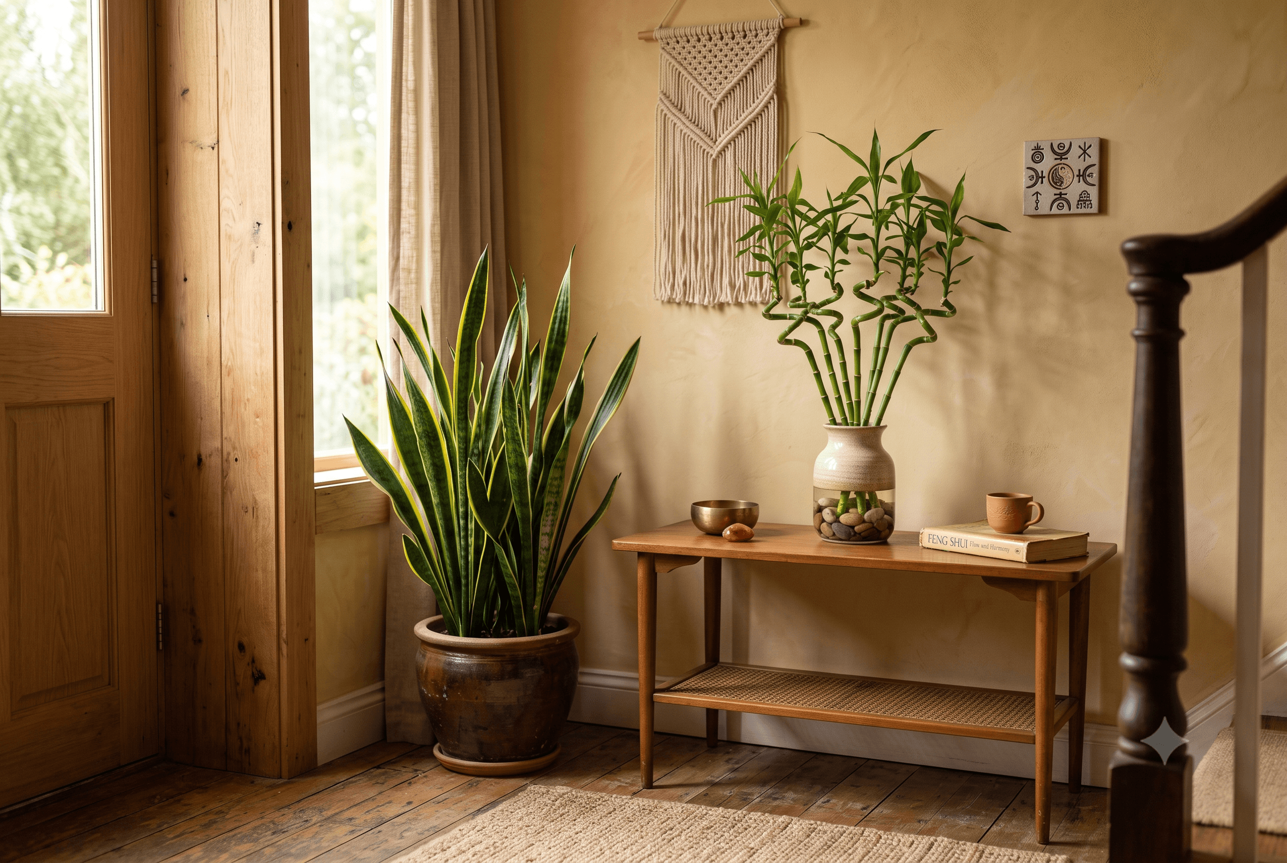 decoração feng shui com espada de são jorge e bambu da sorte