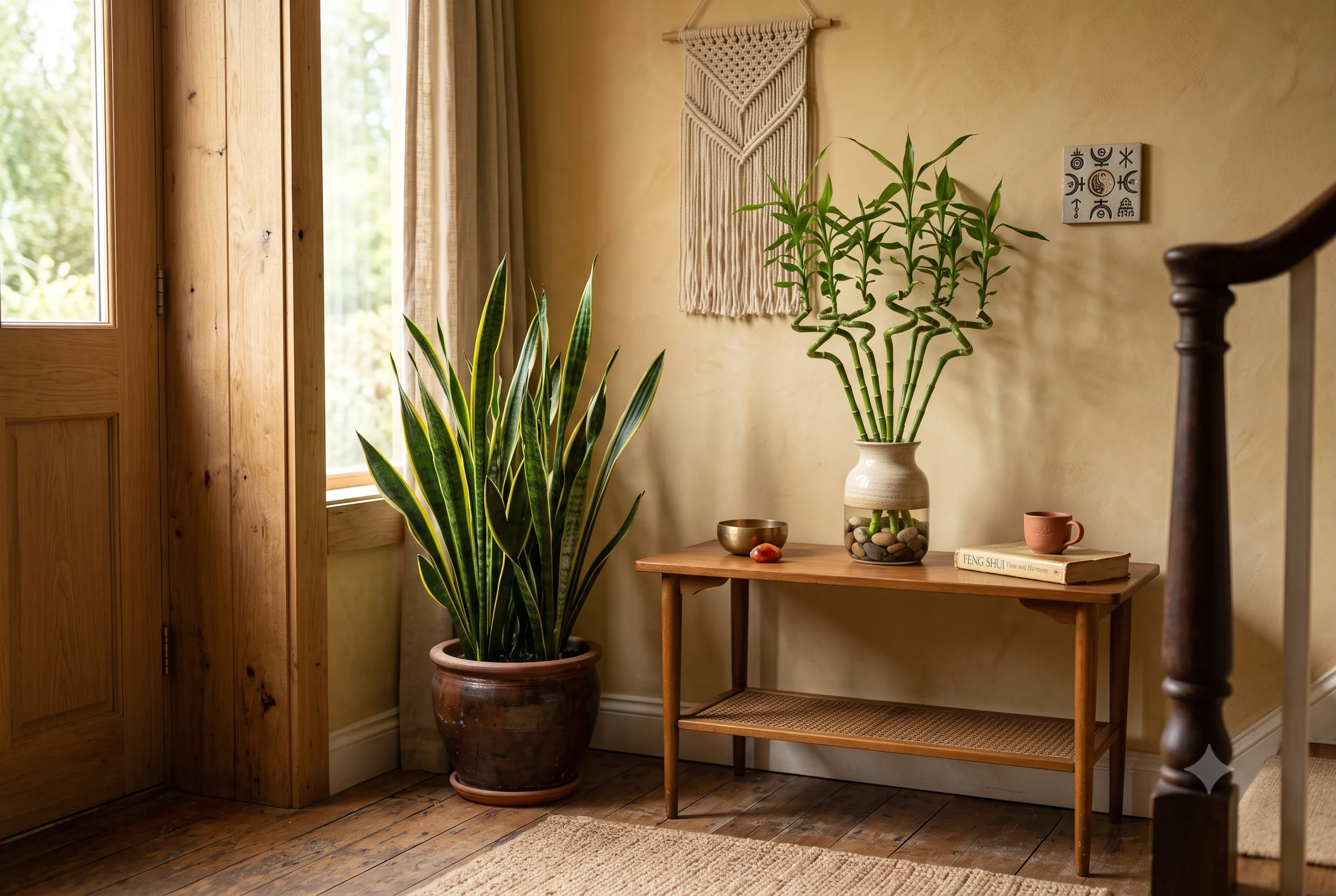 Plantas para Dentro de Casa: Guia Completo por Cômodo, Feng Shui e Benefícios Terapêuticos decoração feng shui com espada de são jorge e bambu da sorte