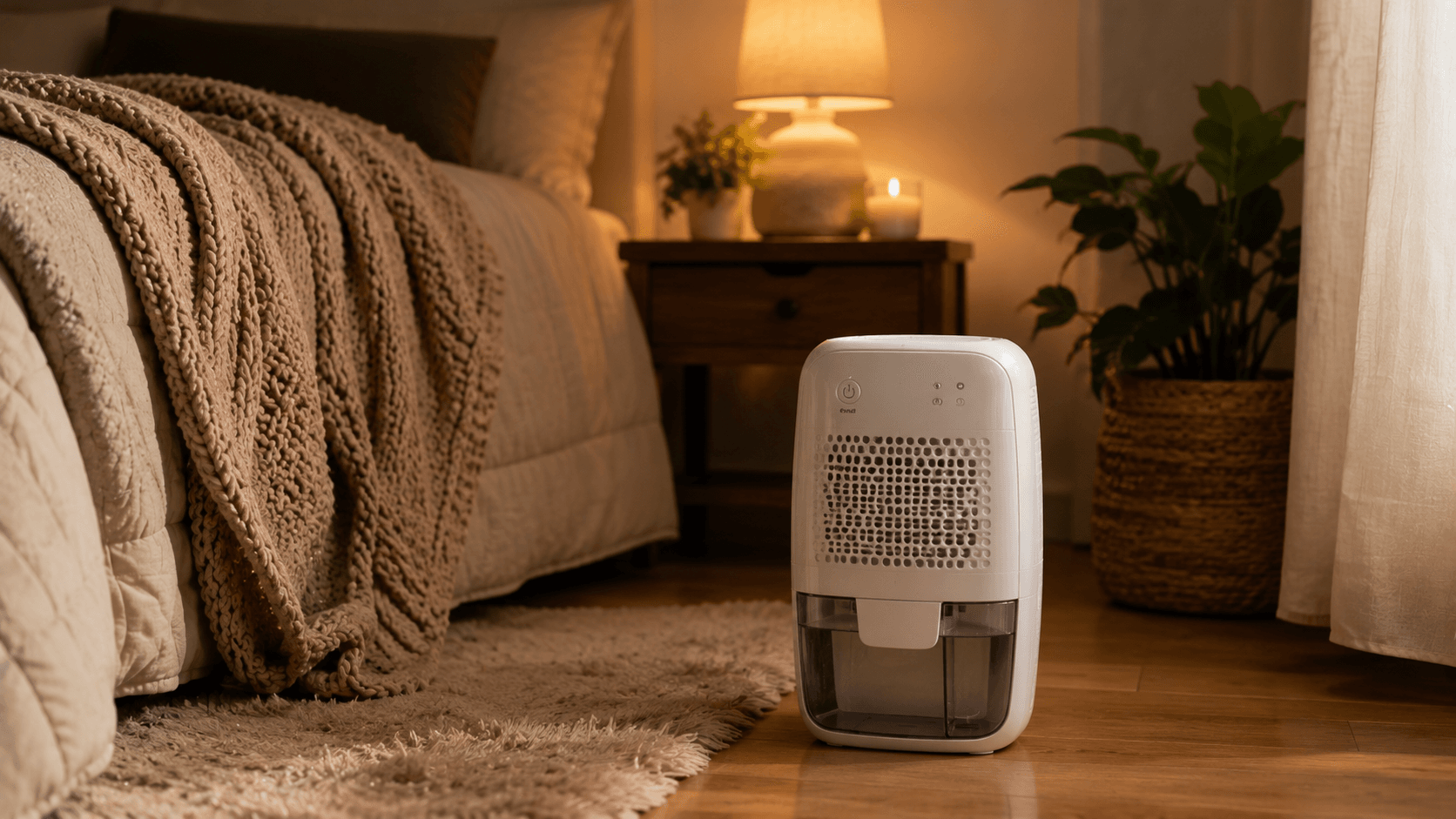 Desumidificador de ar portátil funcionando em quarto aconchegante no inverno