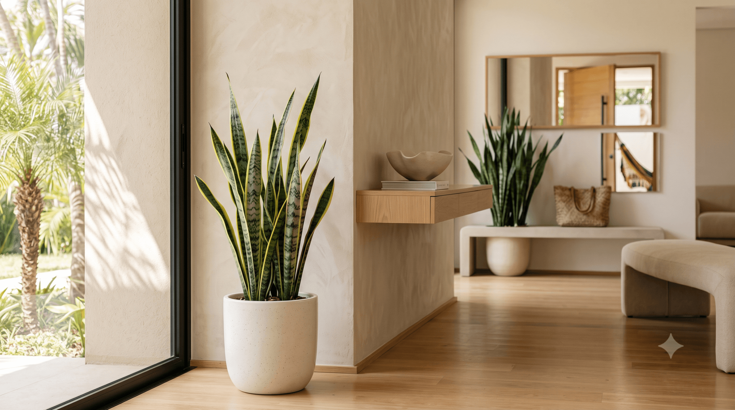 Espada de São Jorge em vaso elegante próxima à entrada — proteção e purificação segundo o feng shui