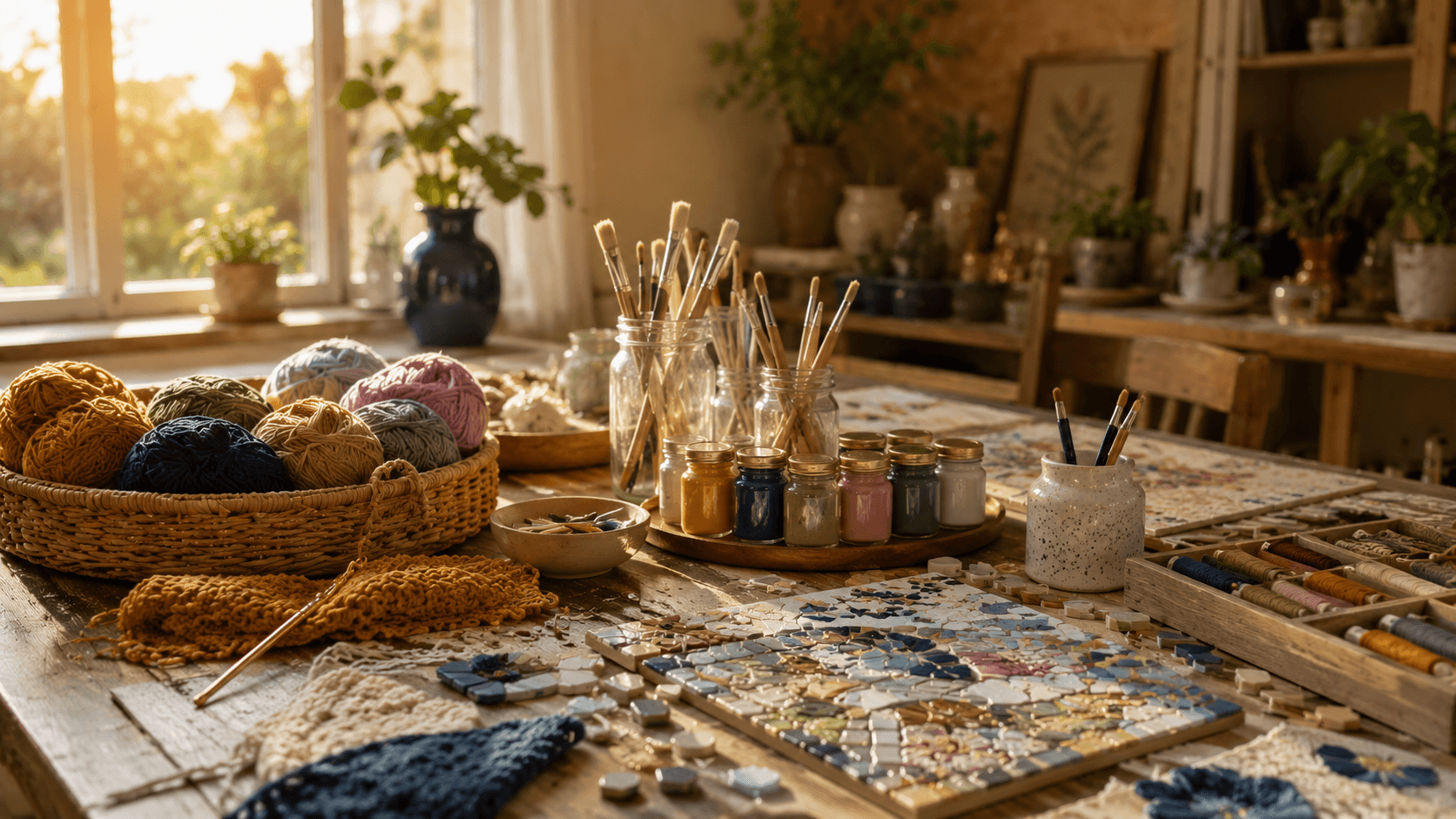 Ateliê caseiro com materiais de artesanato organizados sobre mesa de madeira
