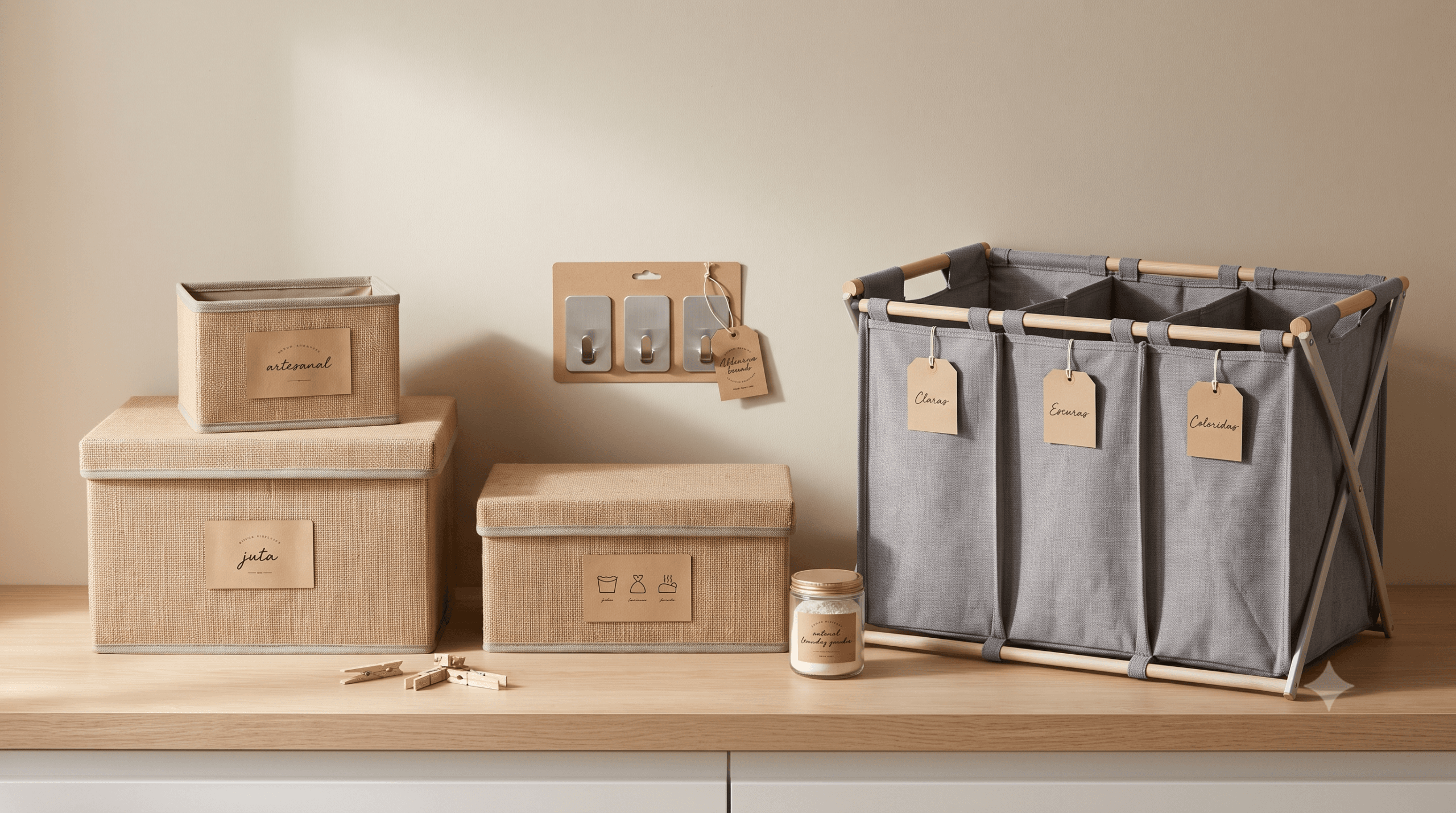 Flat lay com produtos de organização para lavanderia sobre fundo champagne