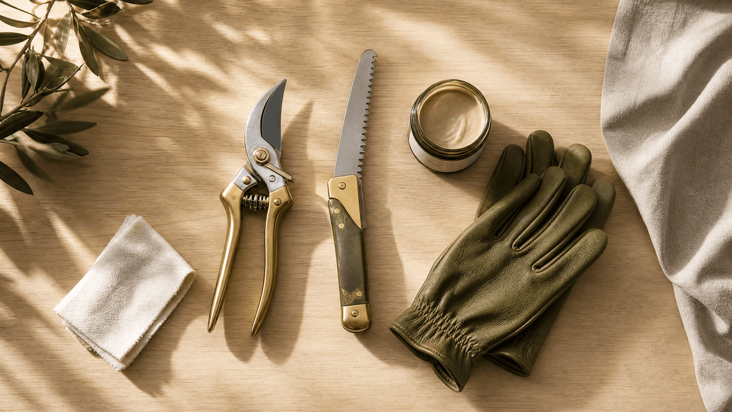 Kit de ferramentas de poda organizado, flat lay