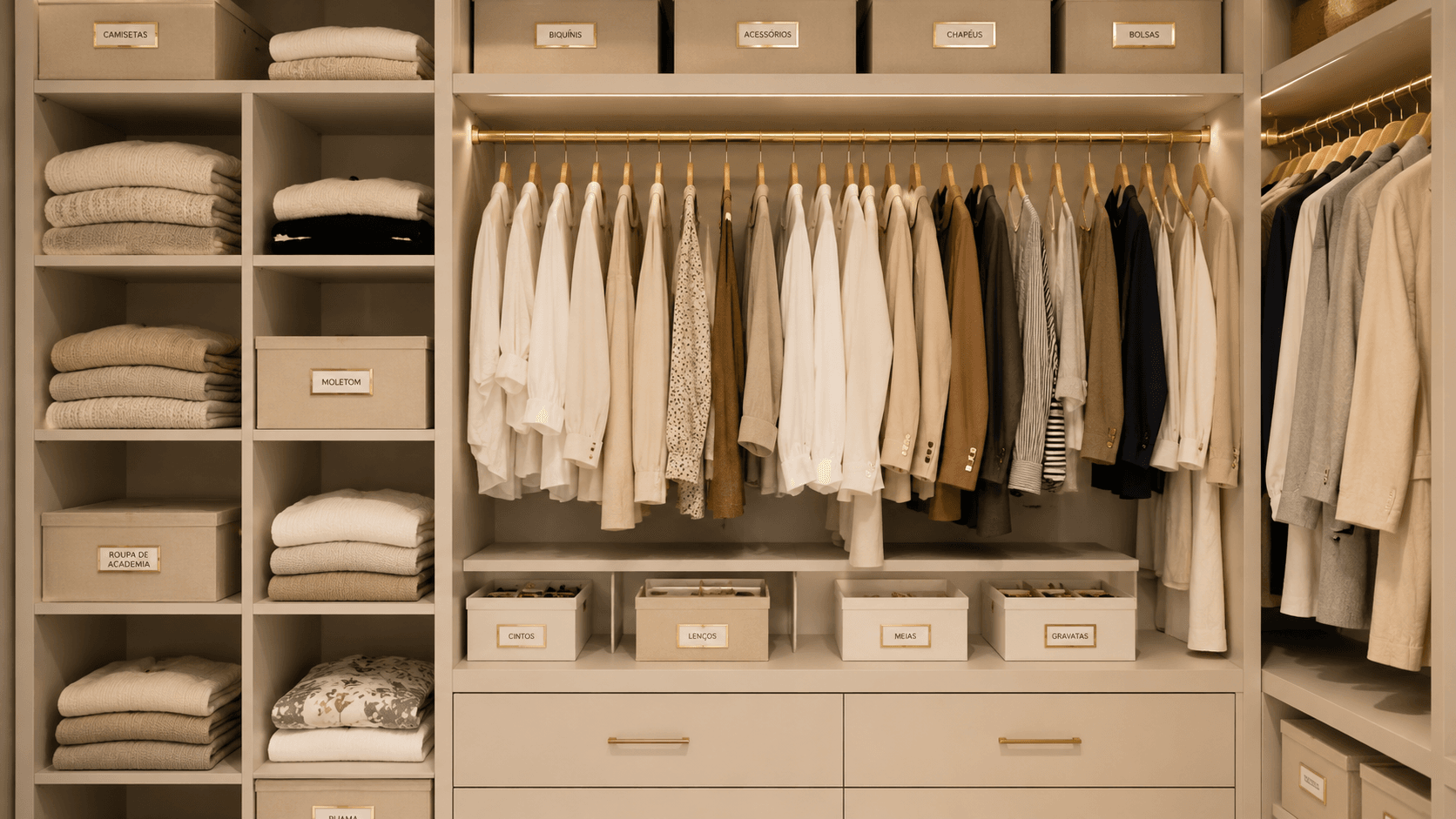 Guarda-roupa organizado com prateleiras bem distribuídas e caixas organizadoras etiquetadas