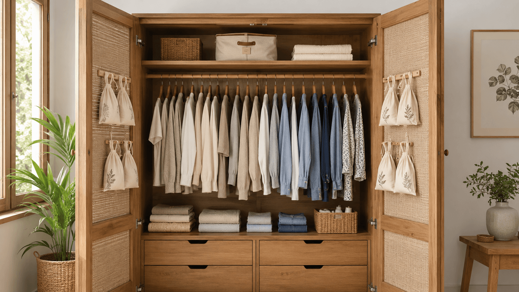 Guarda-roupa aberto e arejado com roupas organizadas e proteção contra mofo e umidade
