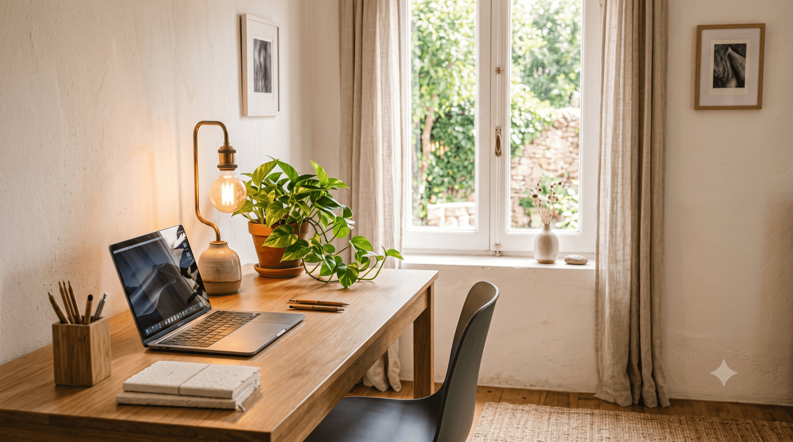 home office minimalista com planta ao lado do notebook e luz natural