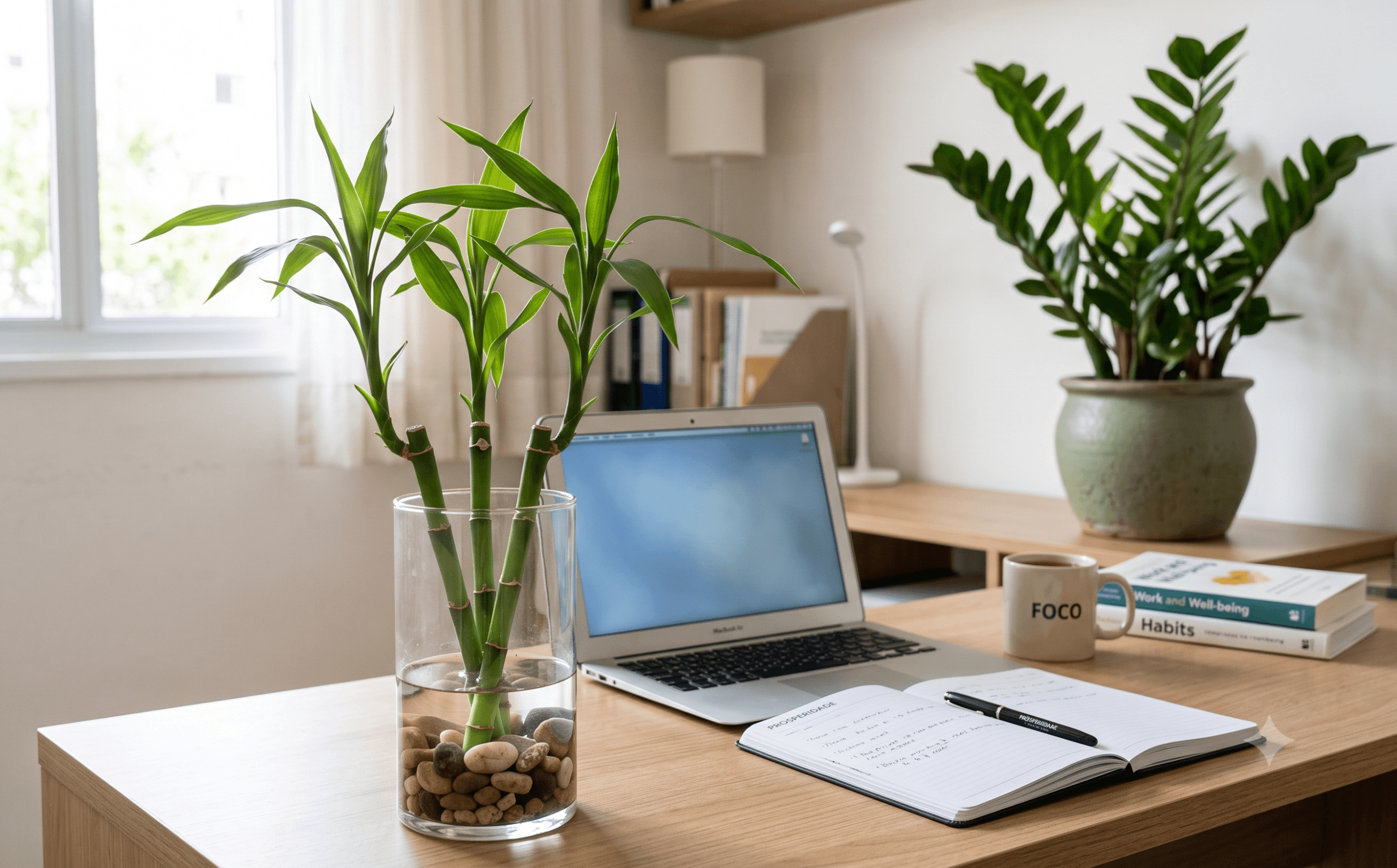 bambu da sorte em vaso de vidro e zamioculca decorando home office