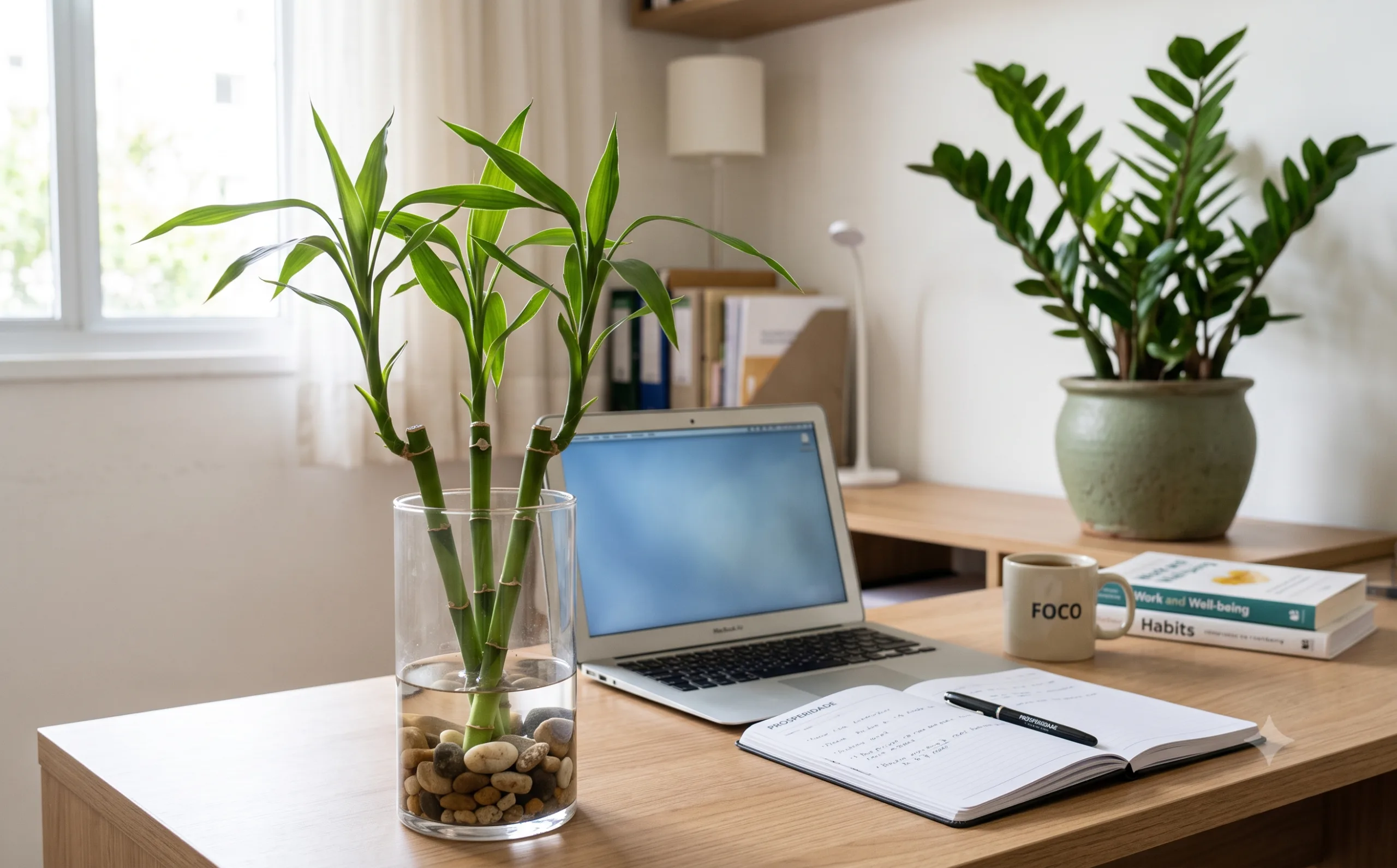 Plantas para Dentro de Casa: Guia Completo por Cômodo, Feng Shui e Benefícios Terapêuticos bambu da sorte em vaso de vidro e zamioculca decorando home office