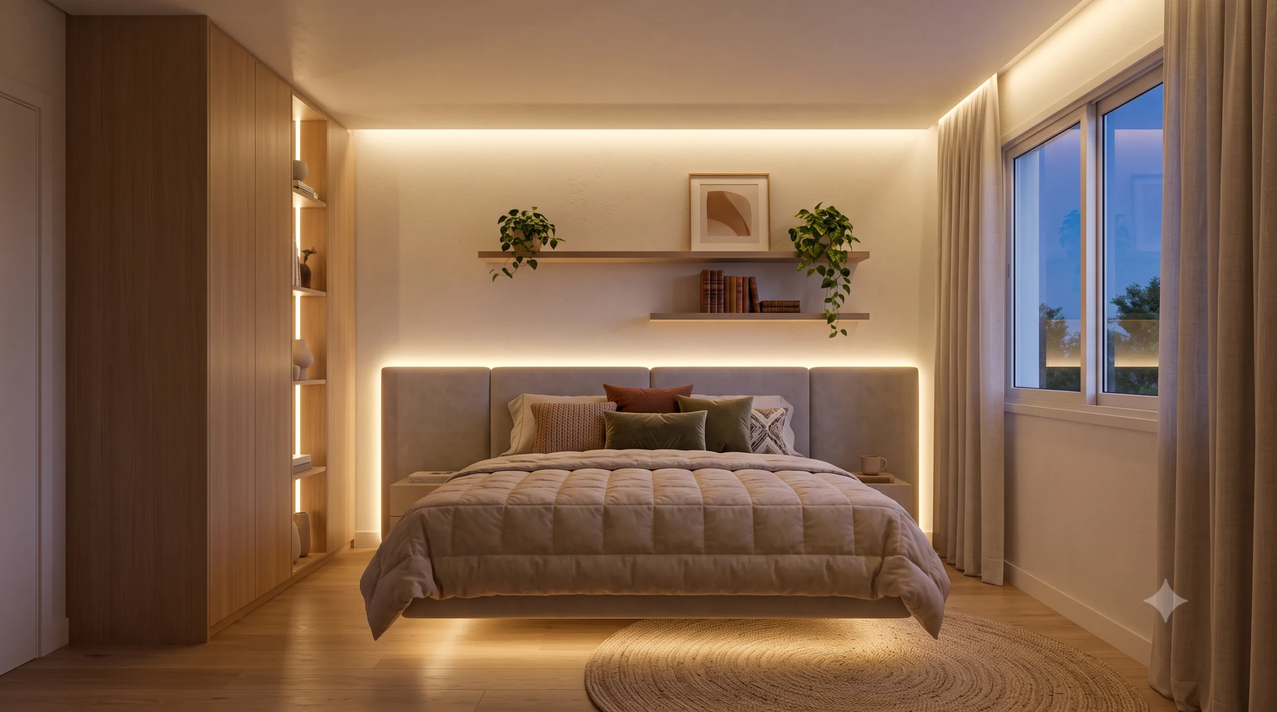 Como organizar o quarto pequeno: 15 ideias práticas e bonitas Iluminação indireta com fita de LED em quarto pequeno aconchegante