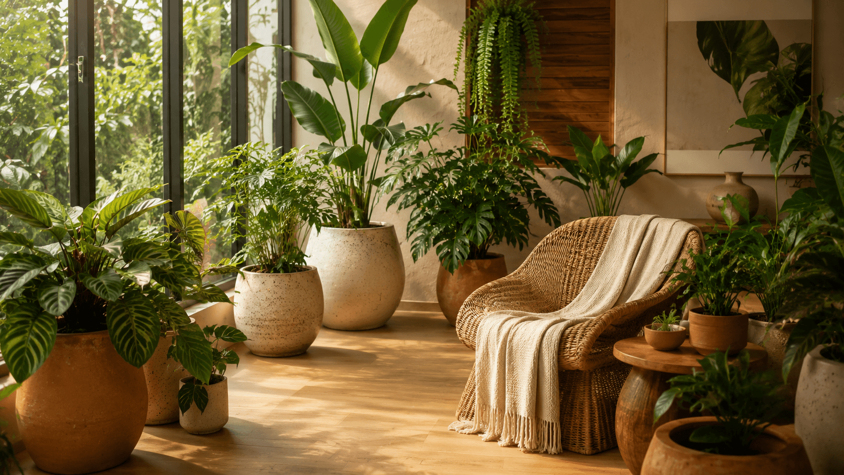 Jardim de inverno interno próximo à janela com luz natural suave e plantas em vasos de cerâmica