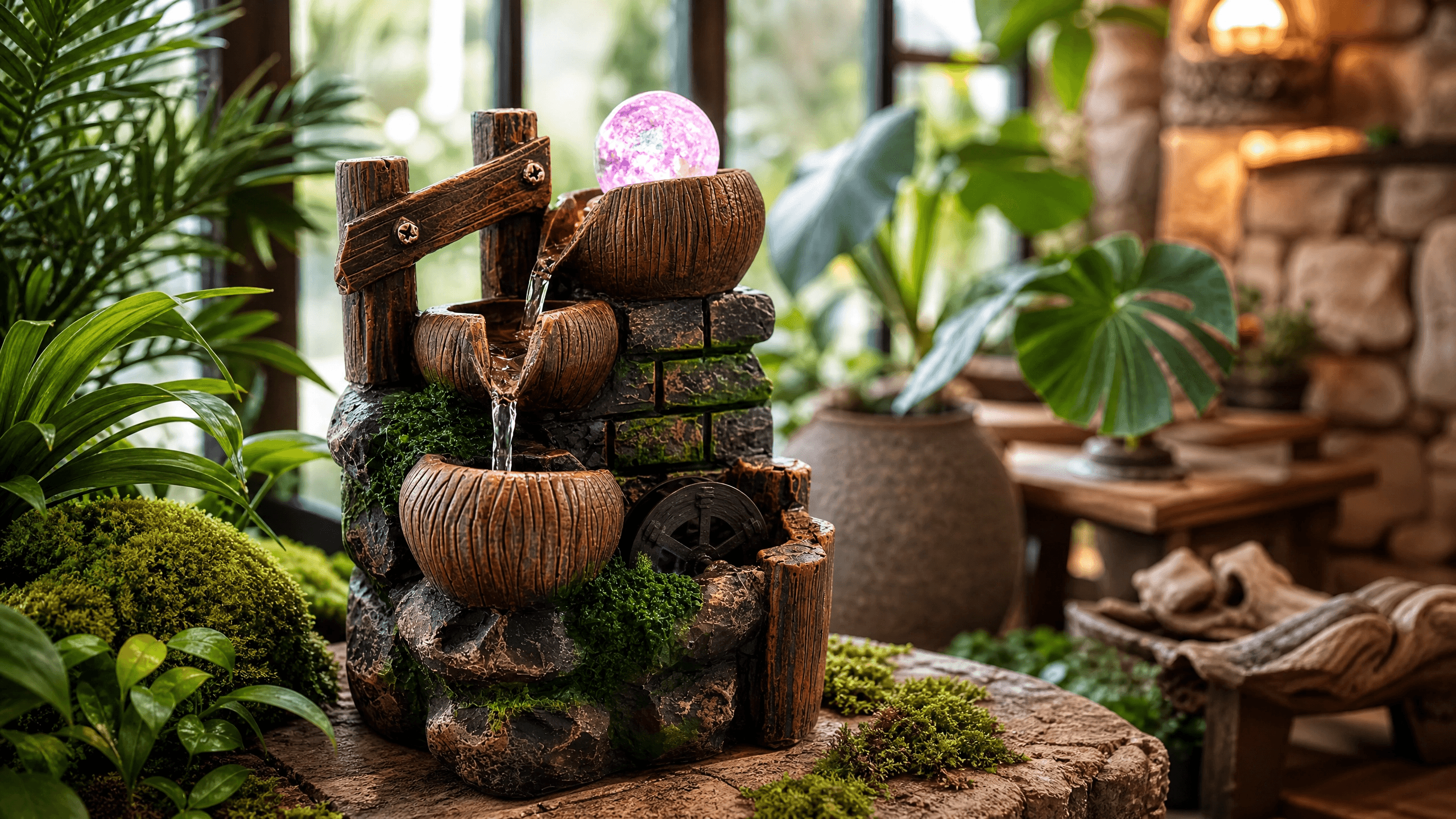 Jardim de inverno com fonte de água decorativa entre as plantas criando atmosfera relaxante