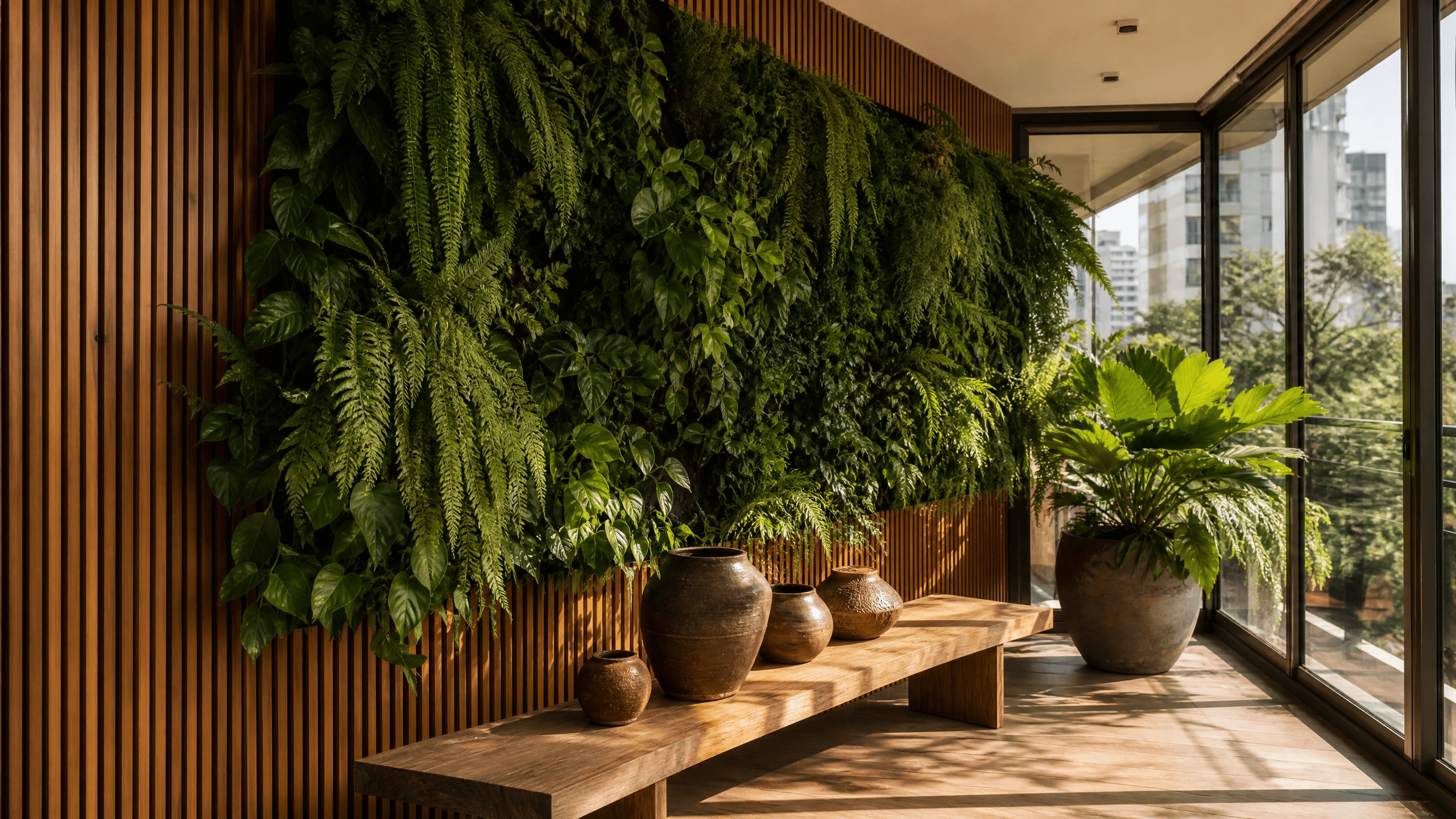 Jardim vertical interno em painel de madeira com samambaias e folhagens pendentes em varanda fechada