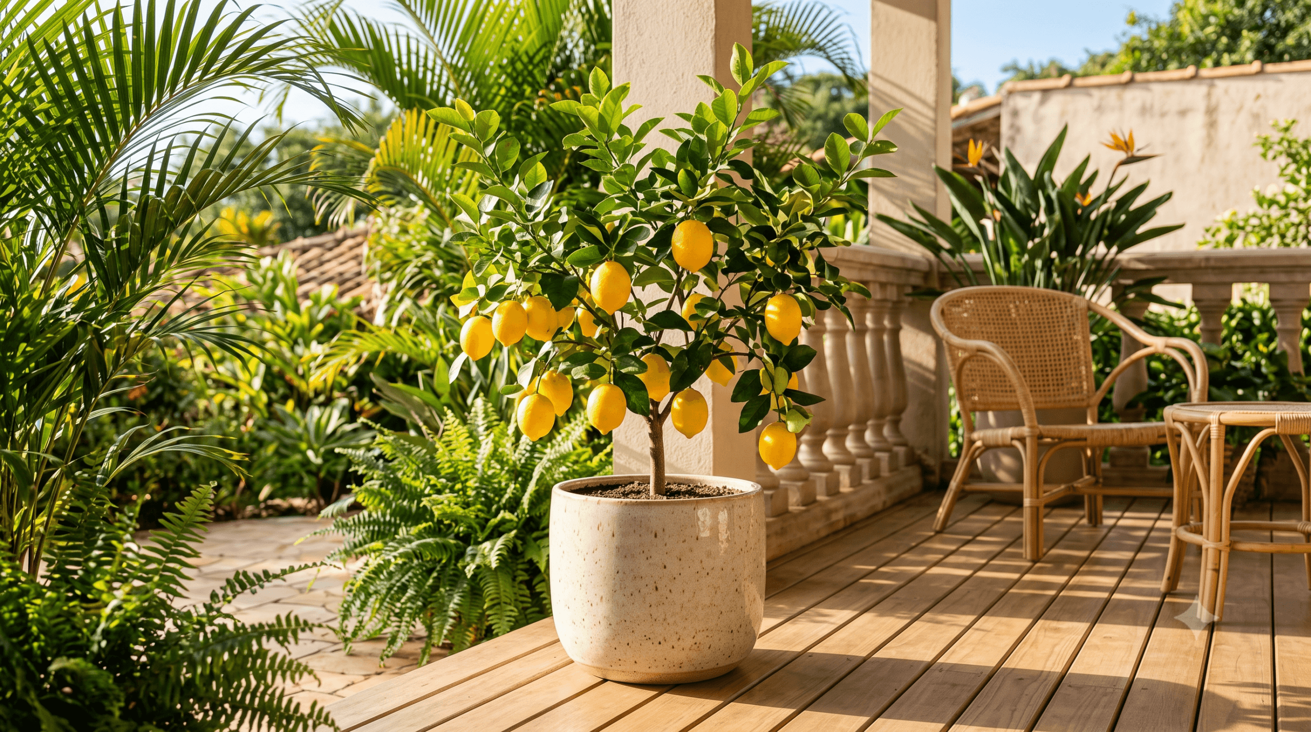 Limoeiro ornamental em vaso grande na varanda ensolarada — alegria e vitalidade