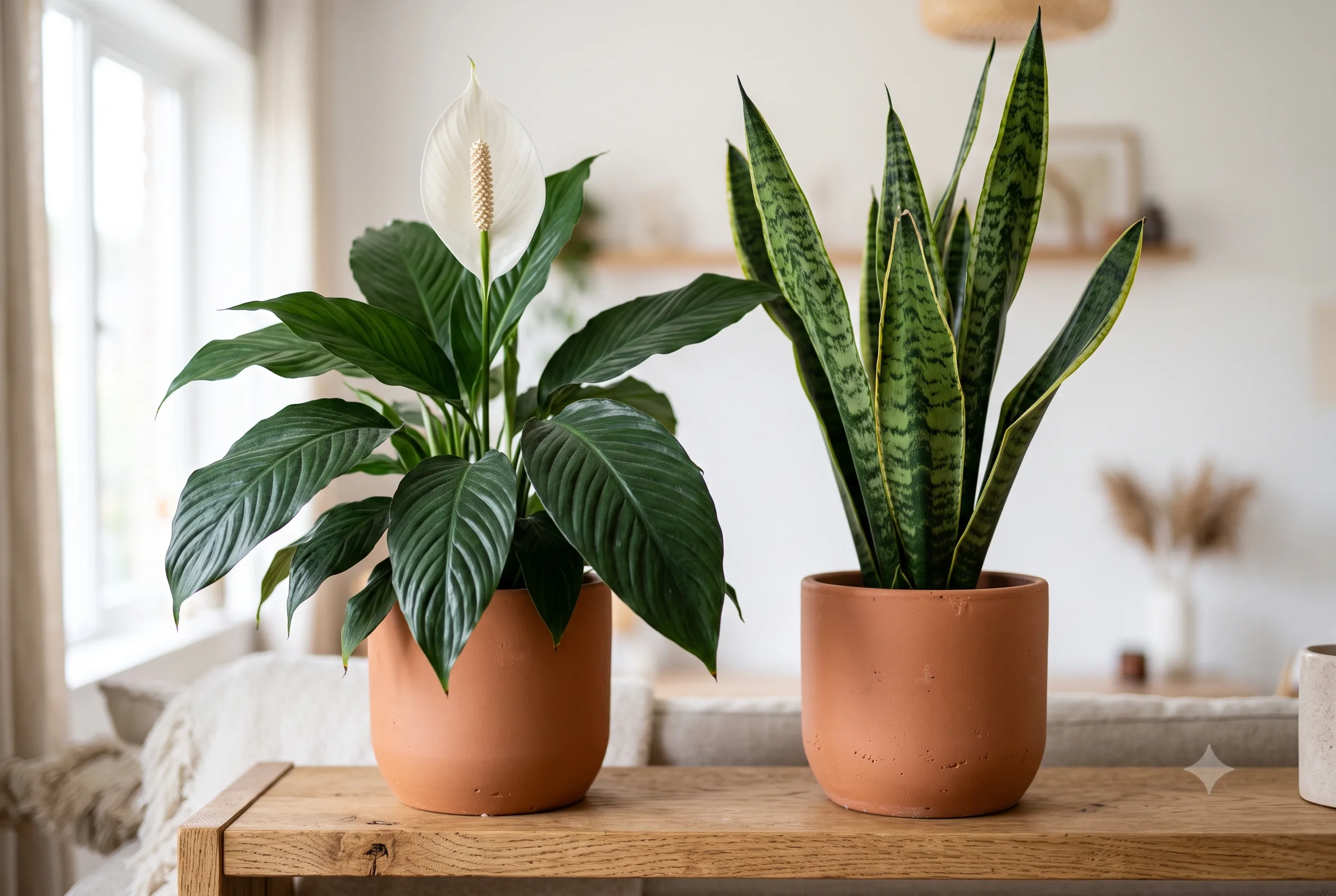Plantas para Dentro de Casa: Guia Completo por Cômodo, Feng Shui e Benefícios Terapêuticos lírio da paz florido ao lado de espada de são jorge em vasos de cerâmica