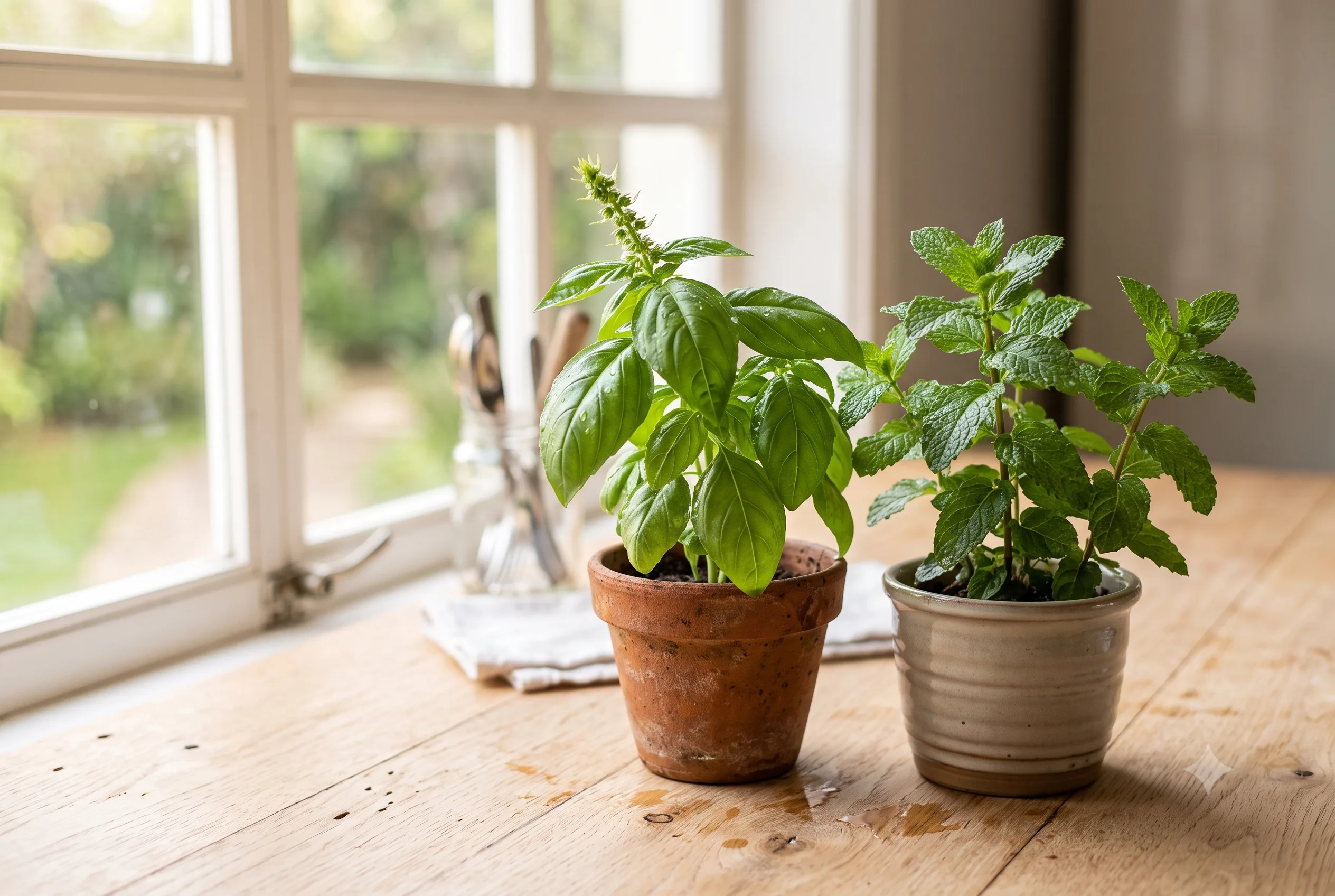 Plantas para Dentro de Casa: Guia Completo por Cômodo, Feng Shui e Benefícios Terapêuticos vasinhos de manjericão e hortelã em bancada de cozinha