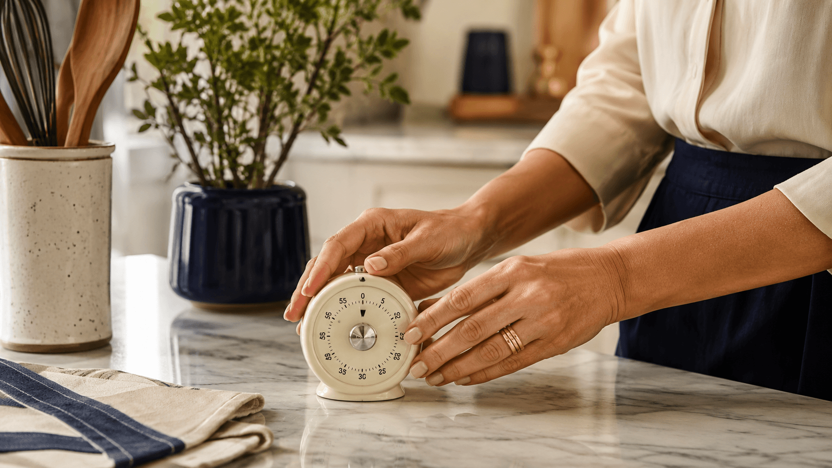 Mãos ajustando temporizador digital sobre bancada de mármore em cozinha organizada