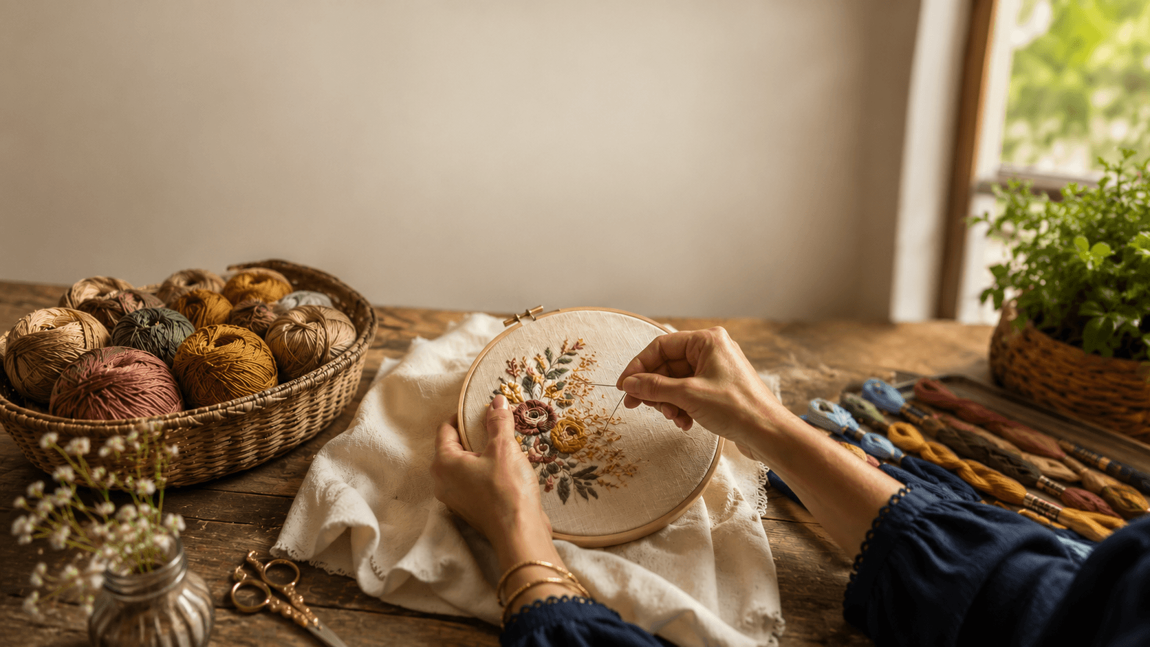 Mãos bordando com linhas coloridas sobre mesa de madeira, estilo revista Decora Organiza
