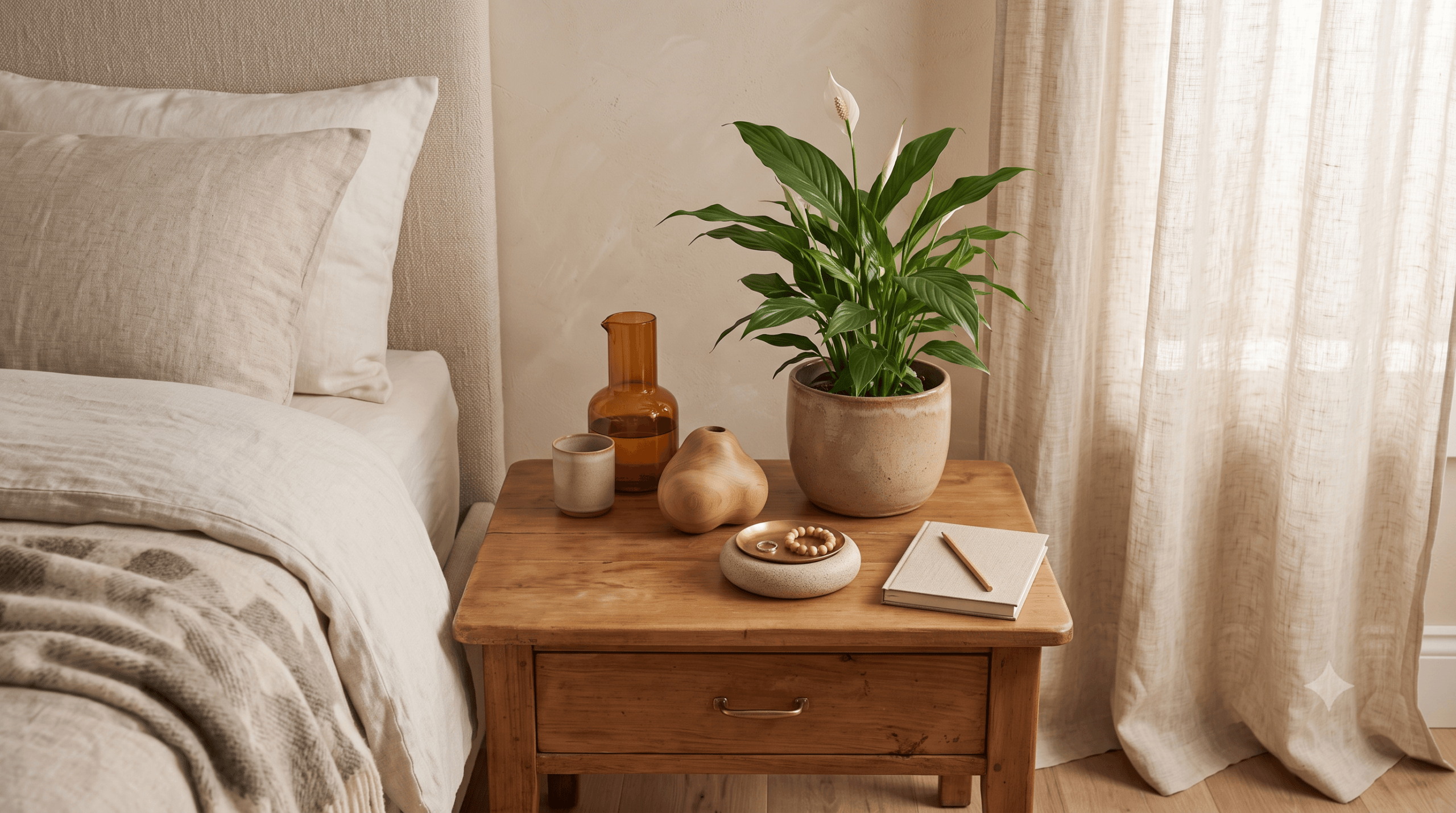 Mesa de cabeceira com planta de baixa manutenção em vaso de cerâmica e objetos naturais
