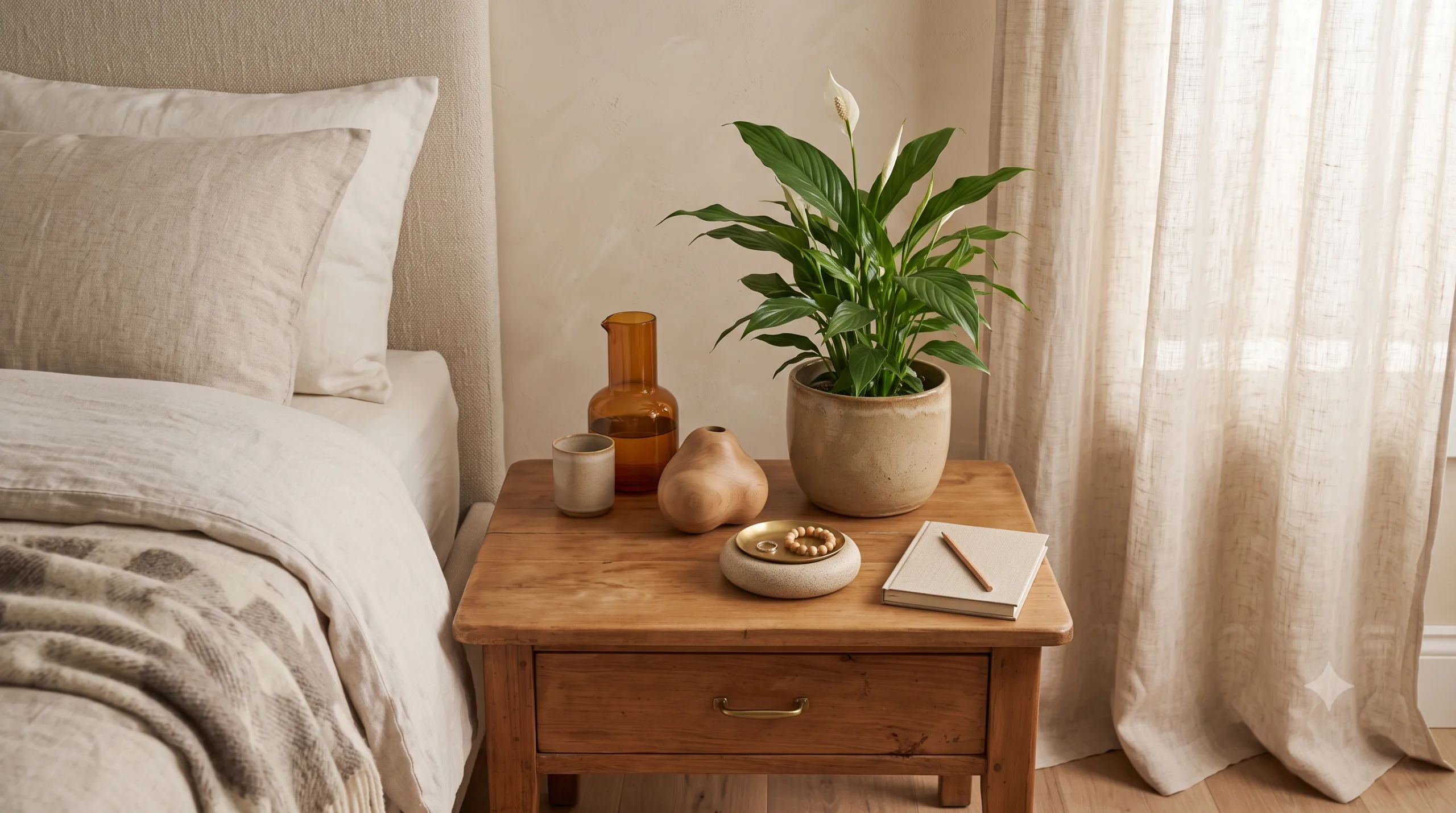Quarto Santuário: Como Criar um Espaço de Descanso de Verdade Mesa de cabeceira com planta de baixa manutenção em vaso de cerâmica e objetos naturais