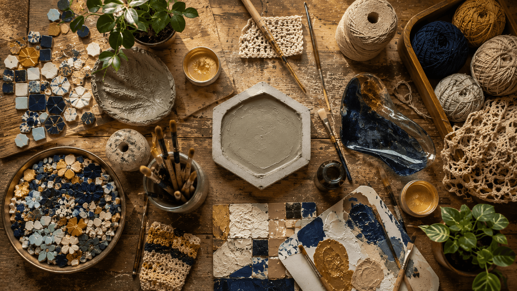 Mesa de ateliê vista de cima com linhas, pincéis, mosaico e vidro colorido