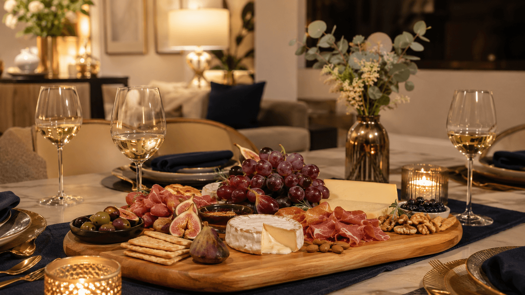Mesa posta com tábua de queijos e vinhos para receber