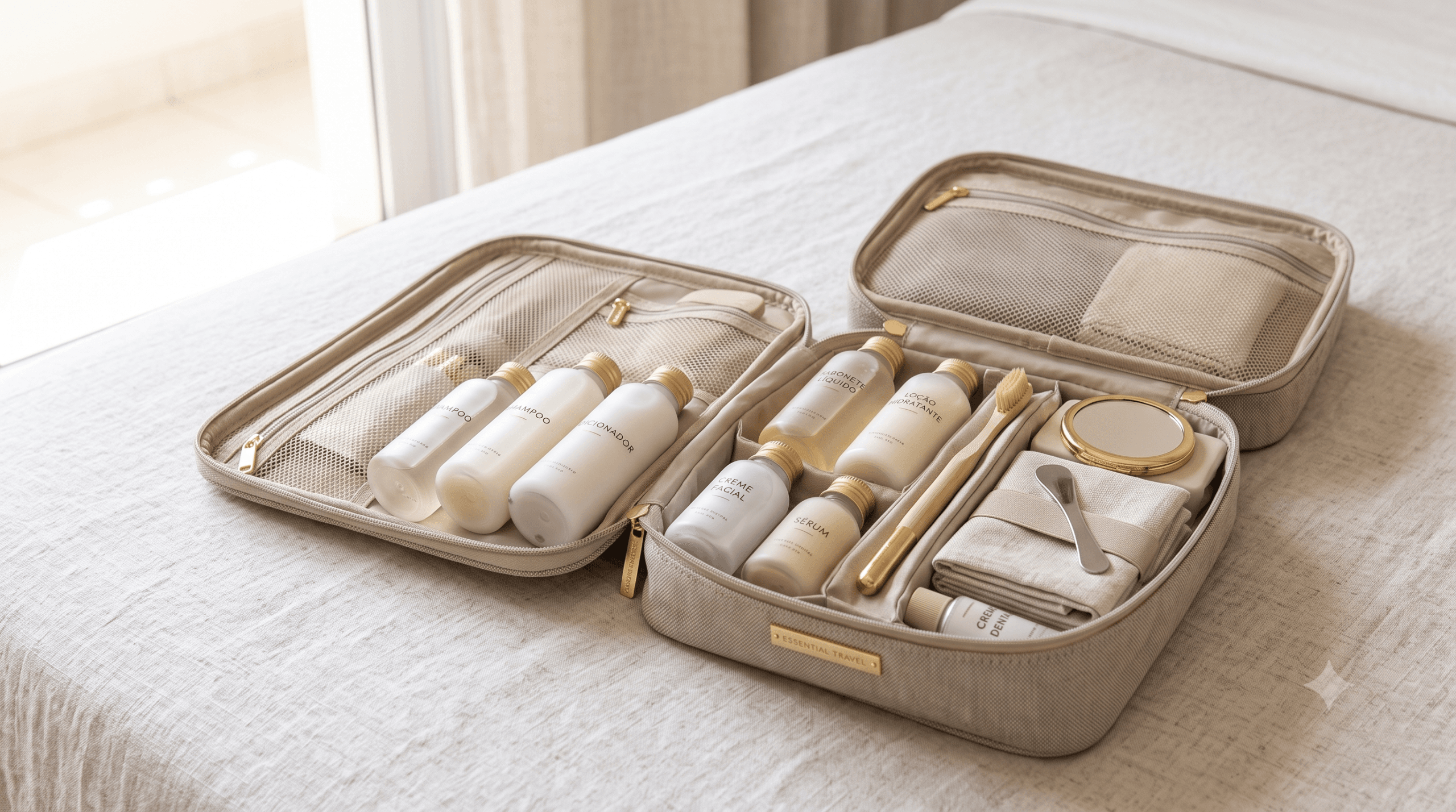 Necessaire de viagem aberta com frascos organizados