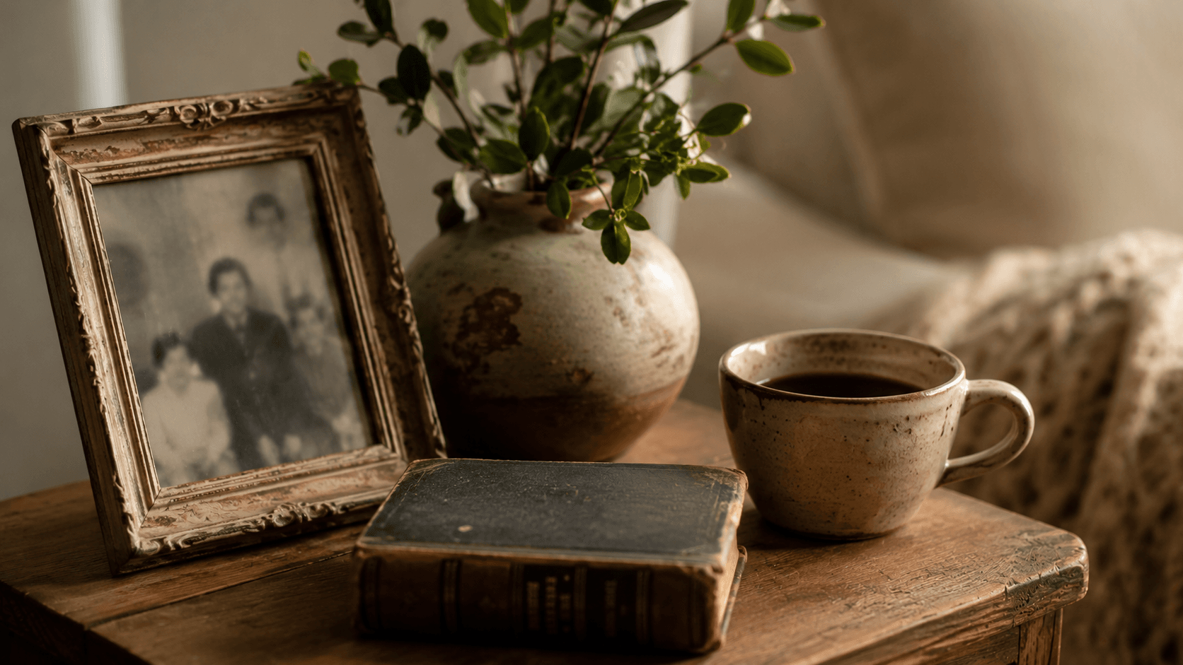 Still life de objetos com história — moldura antiga, livro desgastado e vaso de cerâmica artesanal