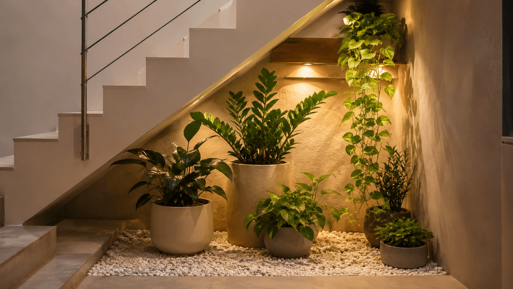 Pequeno jardim de inverno montado embaixo da escada com vasos de alturas variadas e pedras decorativas