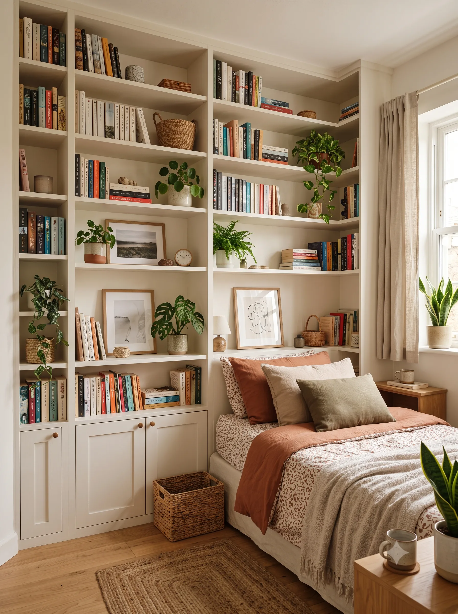 Como organizar o quarto pequeno: 15 ideias práticas e bonitas Prateleiras embutidas em quarto pequeno para organizar e aproveitar espaço vertical